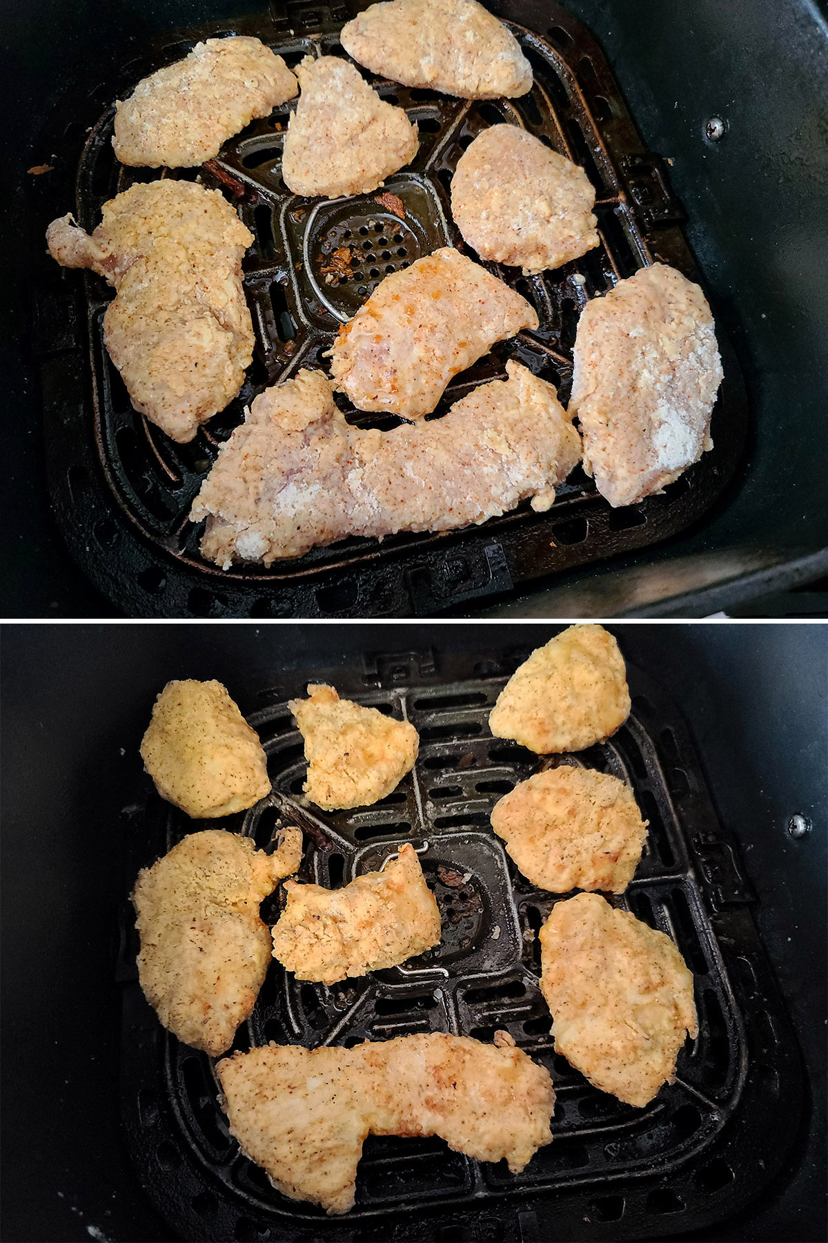 A 2 part image showing gluten free nuggets cooking in an air fryer.