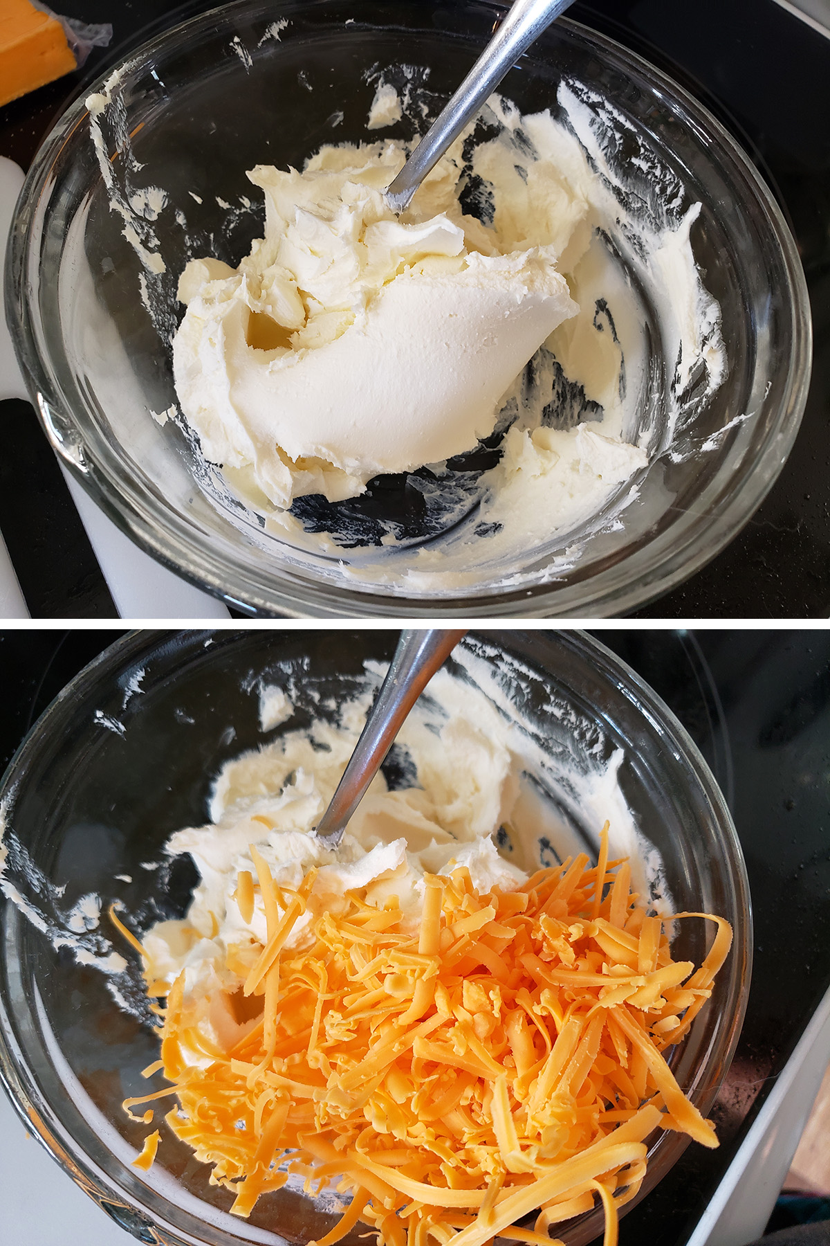 A two part image showing cream cheese being beaten, and cheddar cheese being added to it.