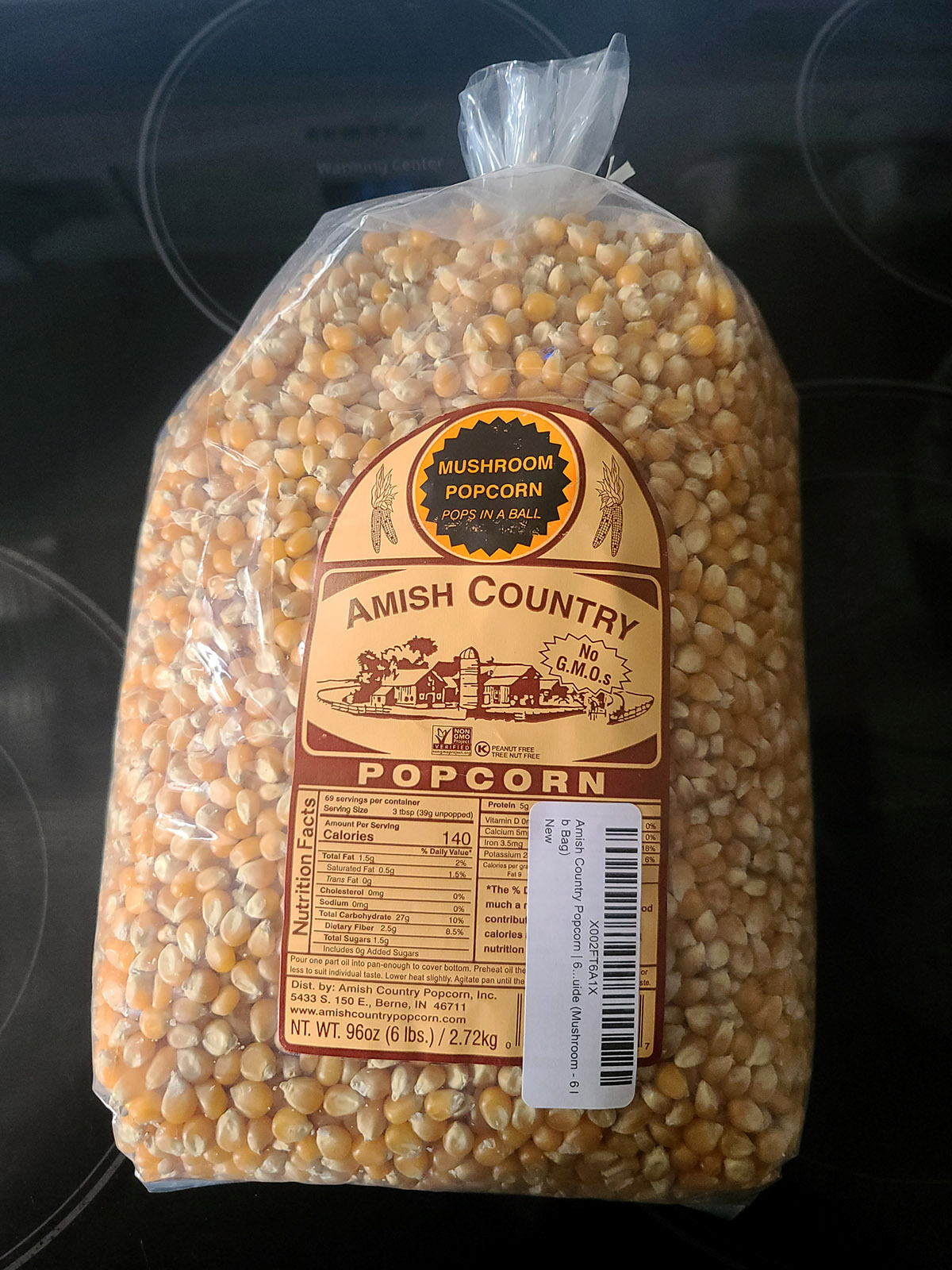 A big bag of Amish Country mushroom popcorn.