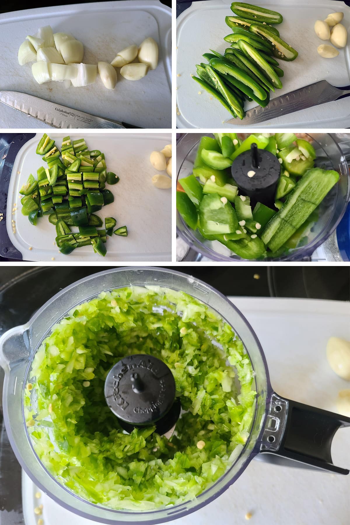 A 5 part image showing the veggies being rough chopped, the processed in a mini food processor.
