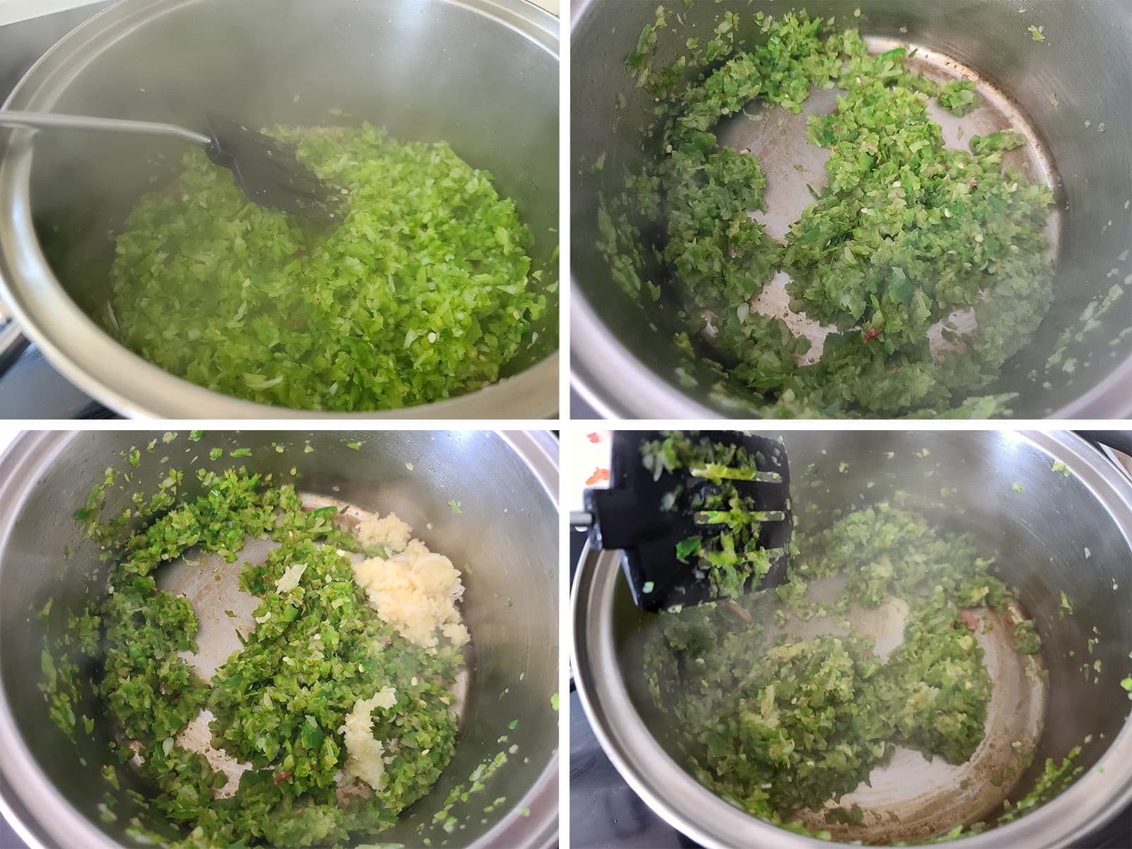 A 4 part image showing the jalapenos, onions, and garlic being cooked in a pot.