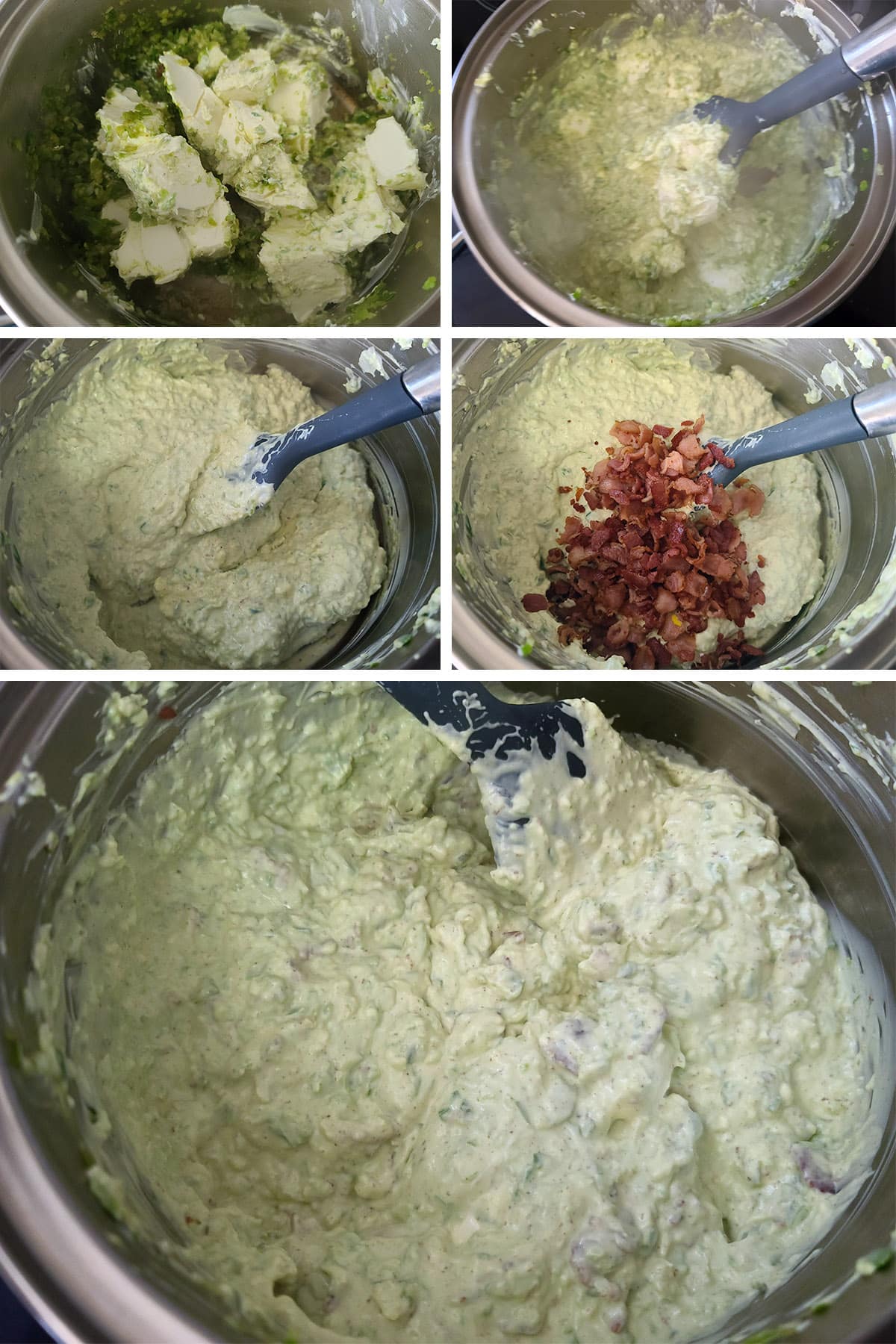 A 5 part image showing the cream cheese and bacon being cooked together with the jalapeno.