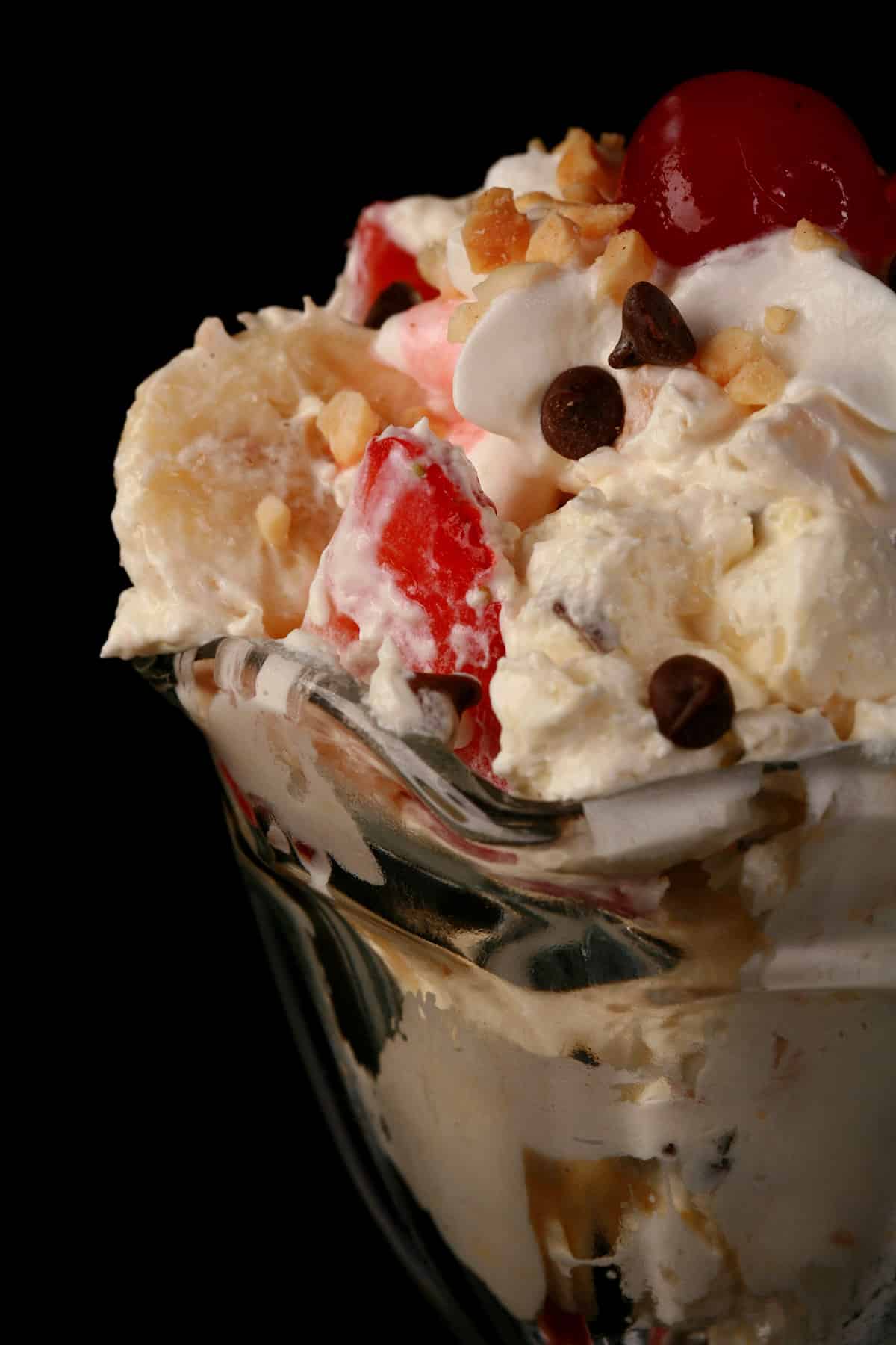 Banana Split Fluff Salad in a glass bowl.