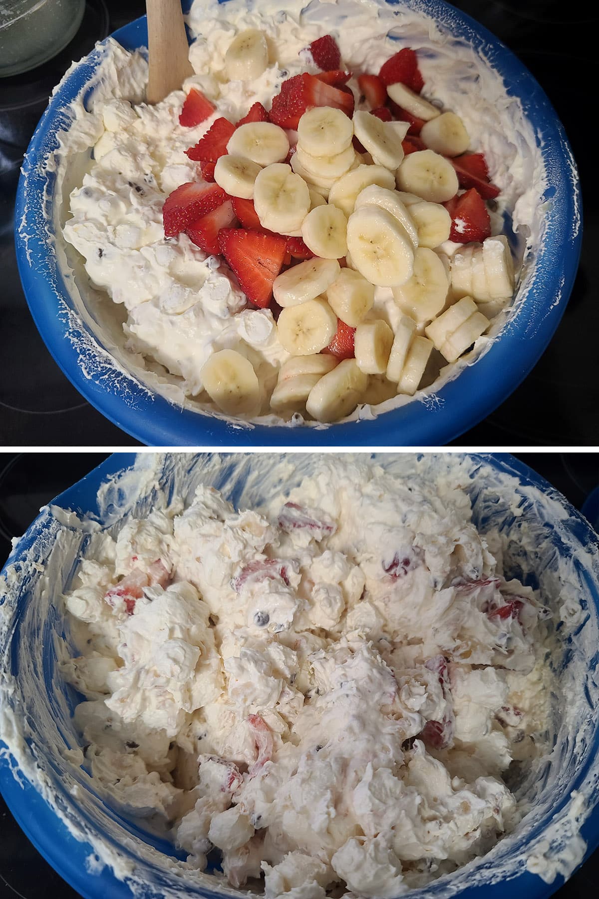 A 2 part image showing the strawberries and bananas being mixed into the fluff salad.
