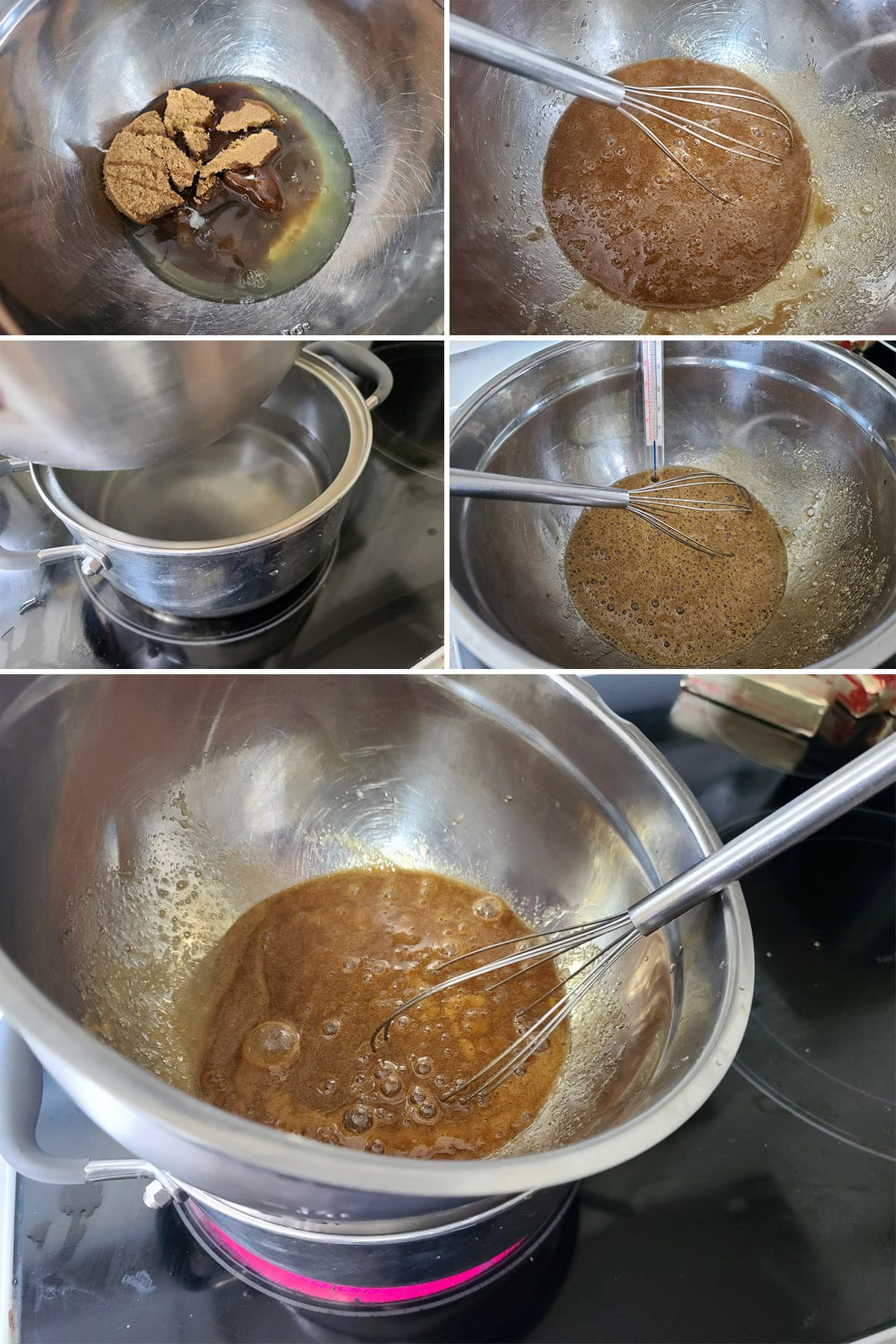 A 5 part image showing the eggwhites and brown sugar being mixed together over a pot.