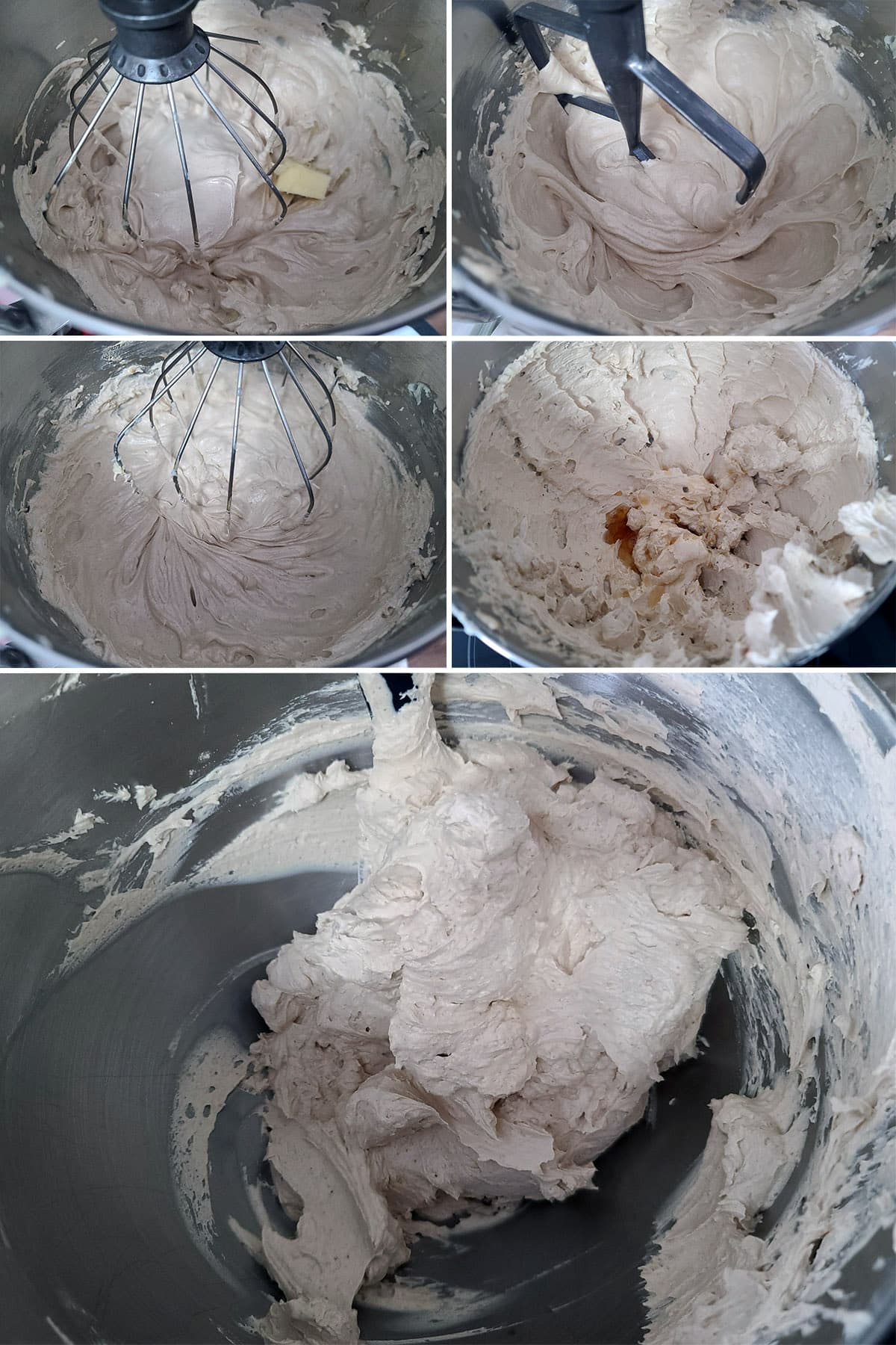 A 5 part image showing the butter being added to the brown sugar swiss meringue buttercream and beat to a smooth frosting.