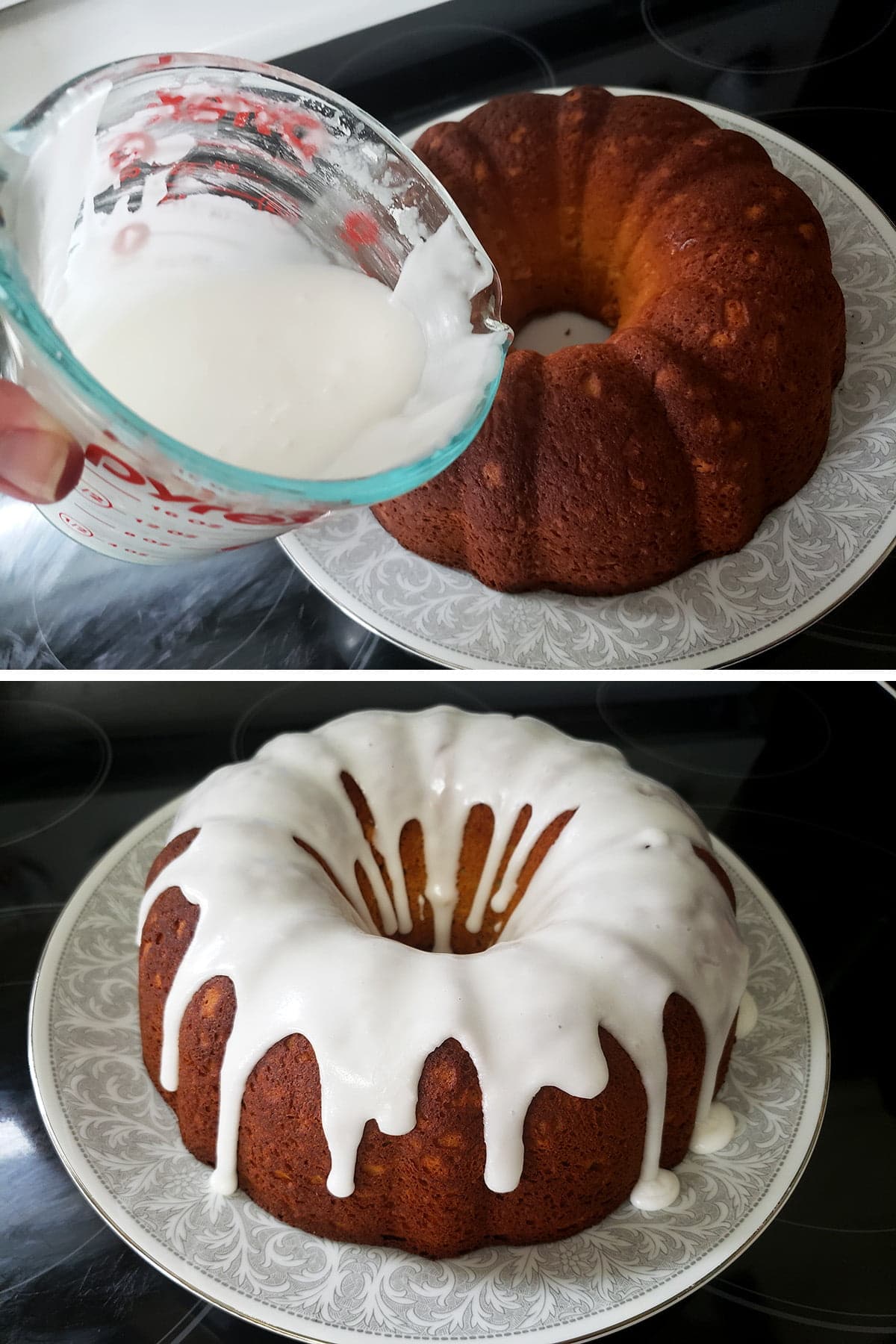 A two part compilation image showing a glass measuring cup of glaze being held above an unadorned bundt cake, and the glazed bundy cake, with white glaze drizzled over the top, dripping down the sides.