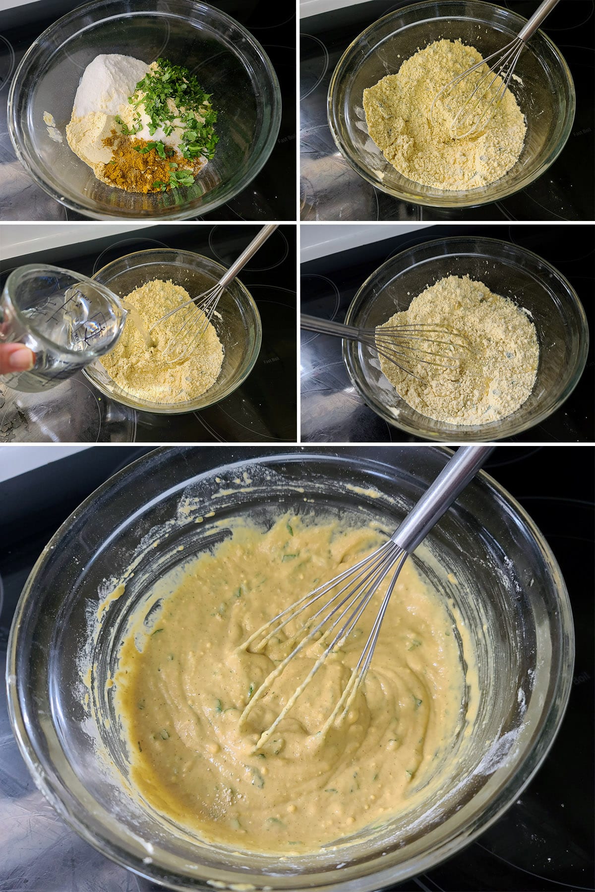 A 5 part image showing the batter being mixed.