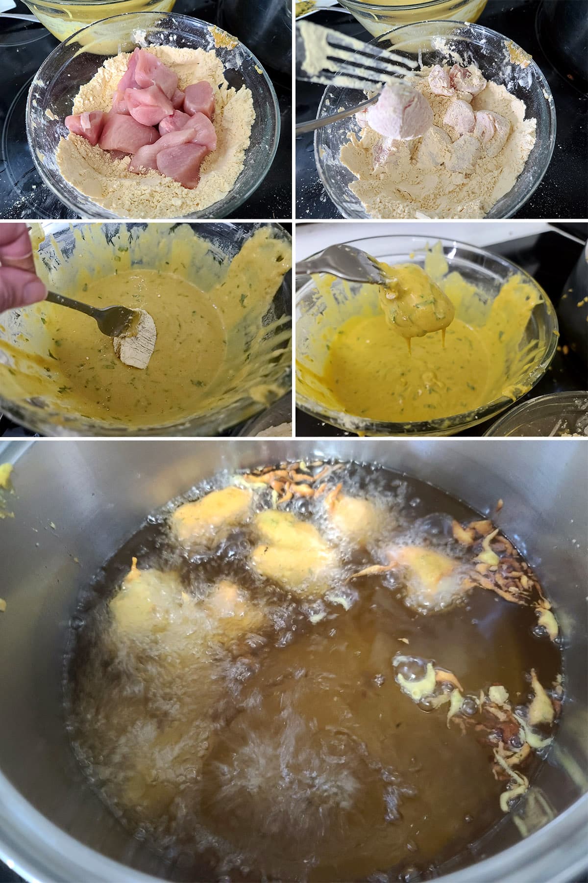 A 5 part image showing the chicken being battered and deep fried.