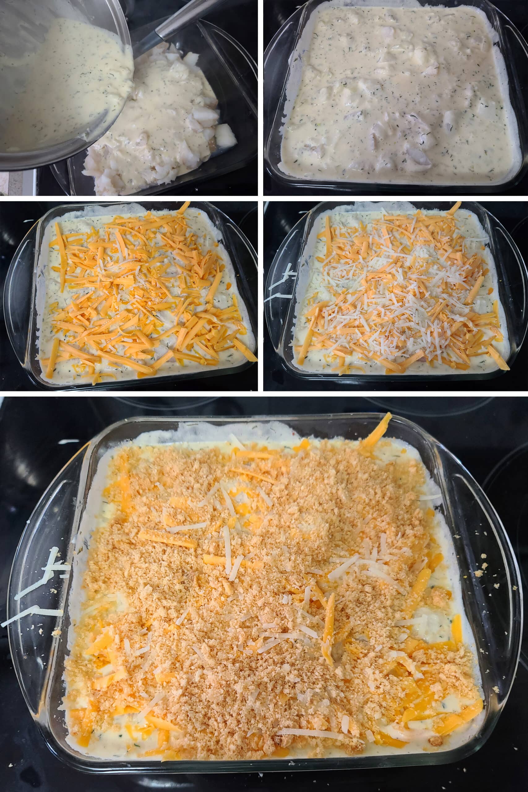 A 5 part image showing the sauce being poured over the cod and topped with cheese and crumbs.