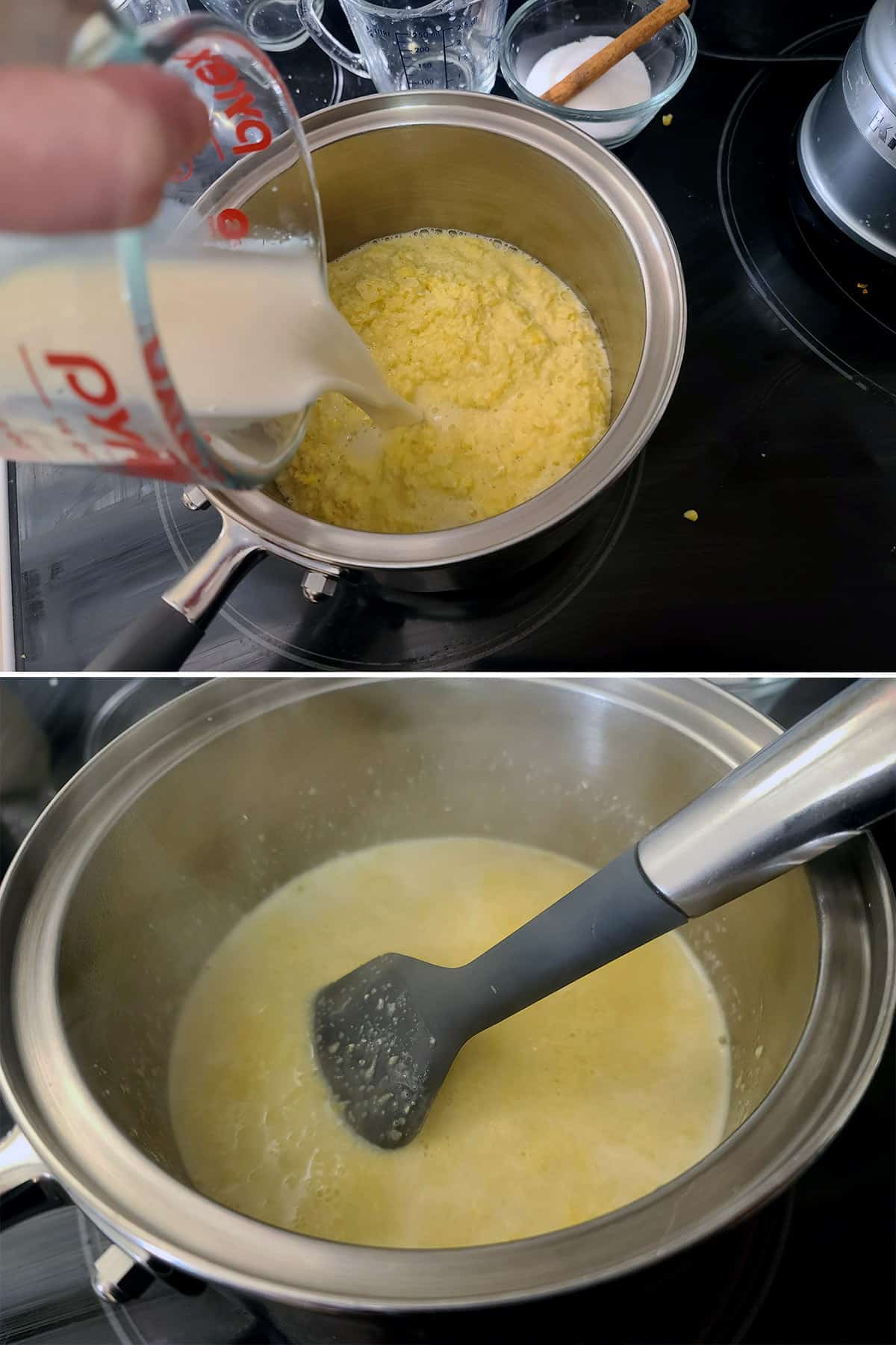 Milk and corn pulp being added to the pot.