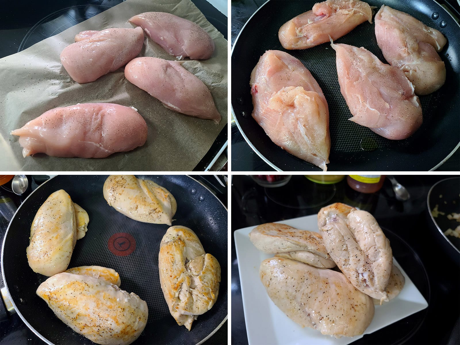 A 4 part image showing the chicken breasts beng seasoned, browned, and removed from the pan.