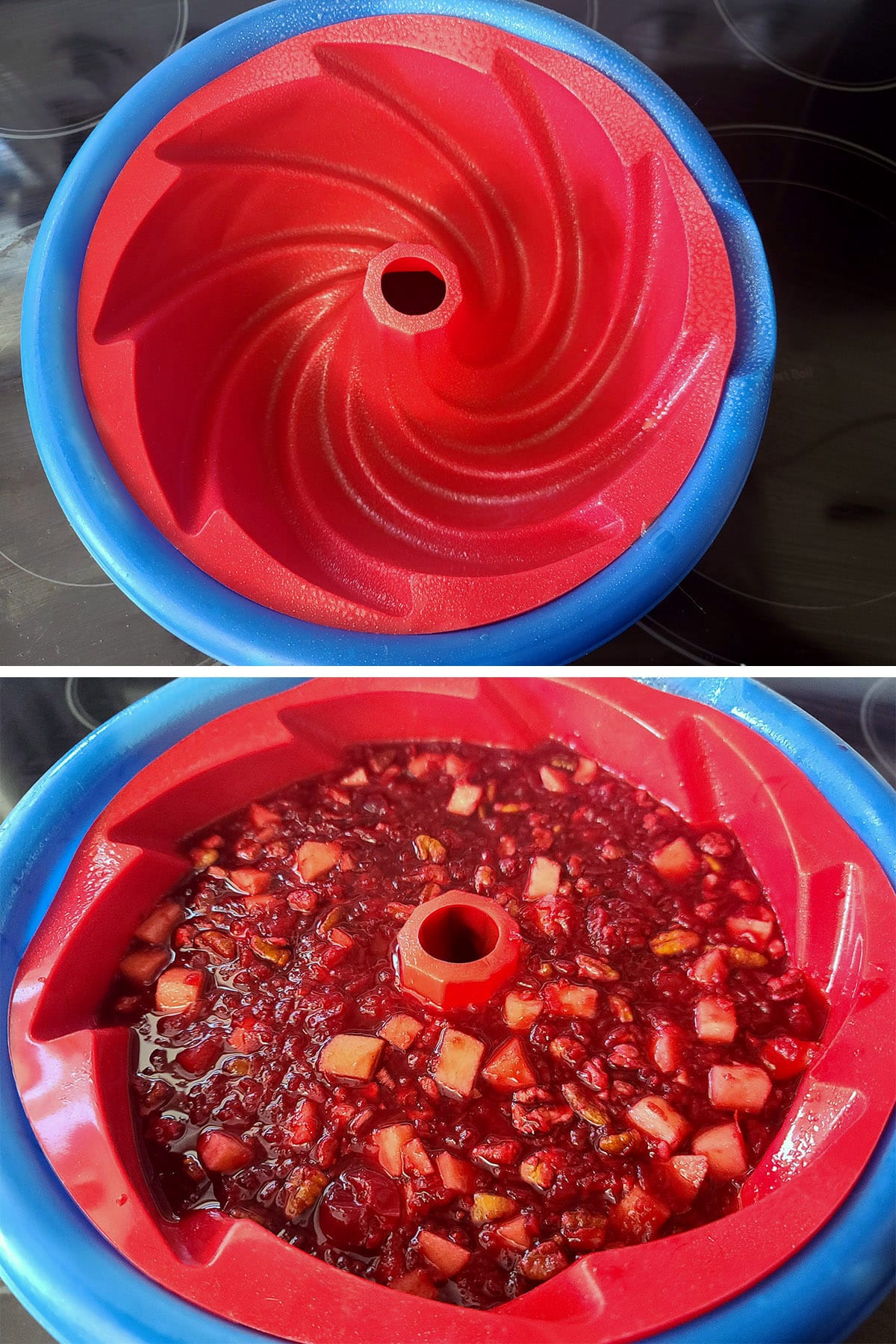 A 2 part image showing the inside of the Jello ring mold, before and after adding the Jello salad mixture.