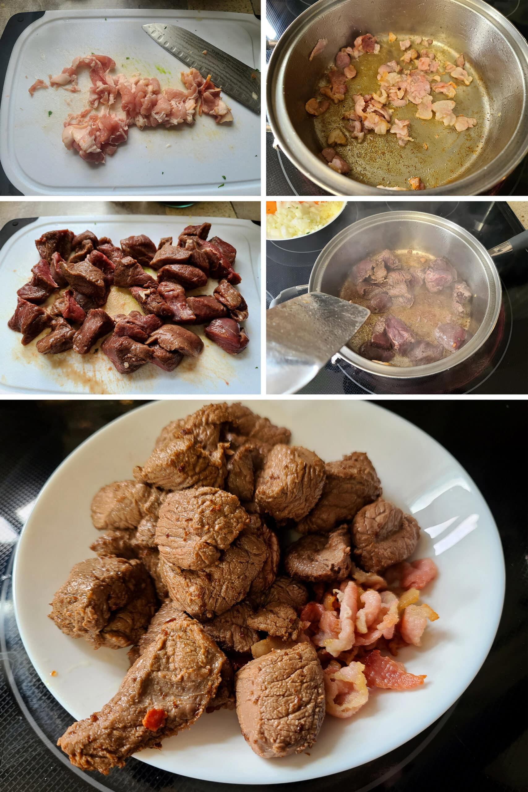 A 5 part image showing the bacon being chopped and cooked, the elk being chopped and seared, and a bowl with both cooked meats.