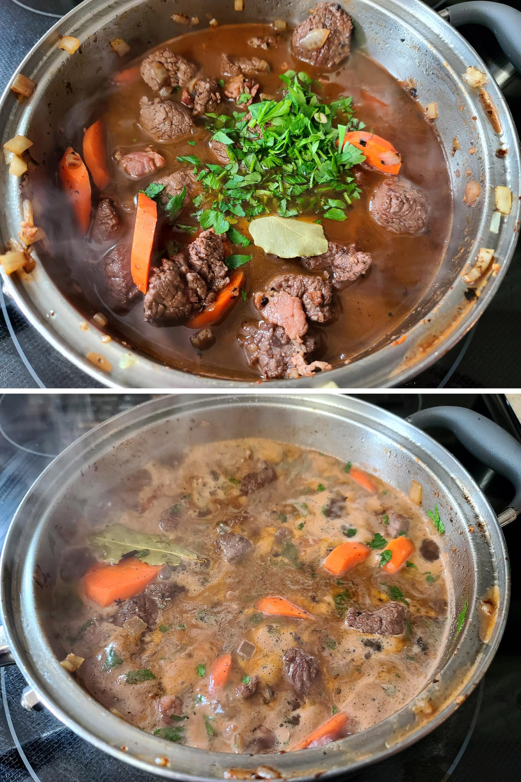 A 2 part image showing the herbs being added to the elk bourguignon and stirred in.