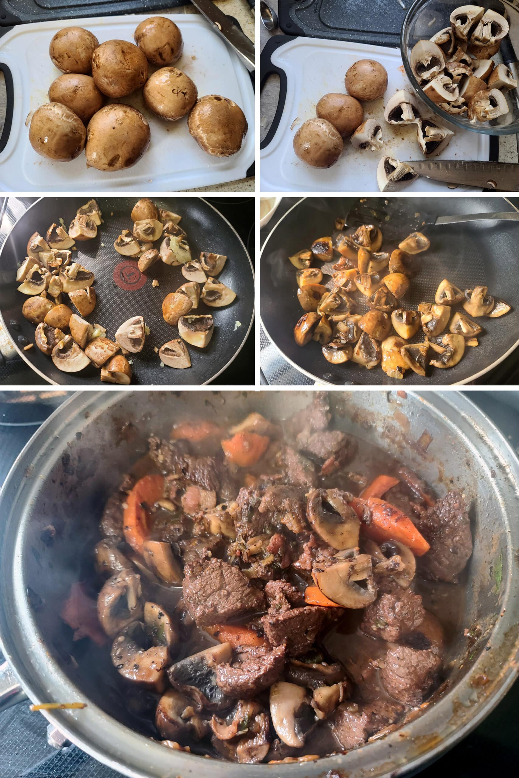 A 5 part image showing the mushrooms being quartered, sauteed with garlic, and stirred into the stew.