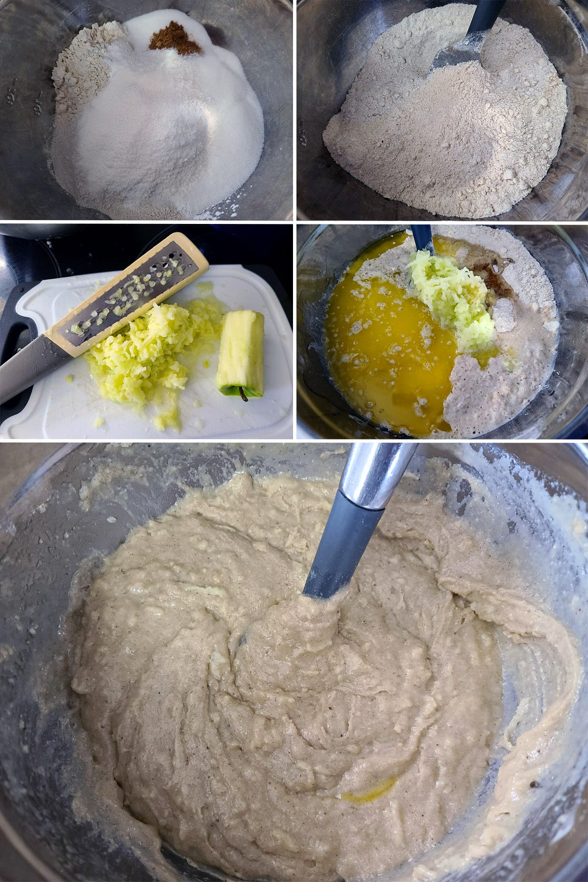 A 5 part image showing the gluten free cake batter being mixed together.