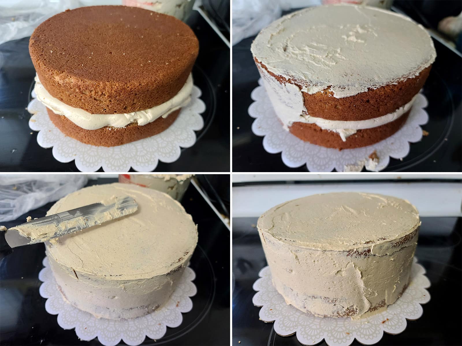 A 4 part image showing the base coat of frosting being applied to the filled cake.