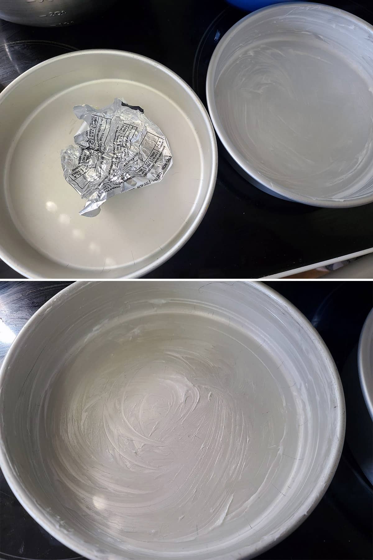A 2 part image showing a butter wrap being used to grease 2 round cake pans.