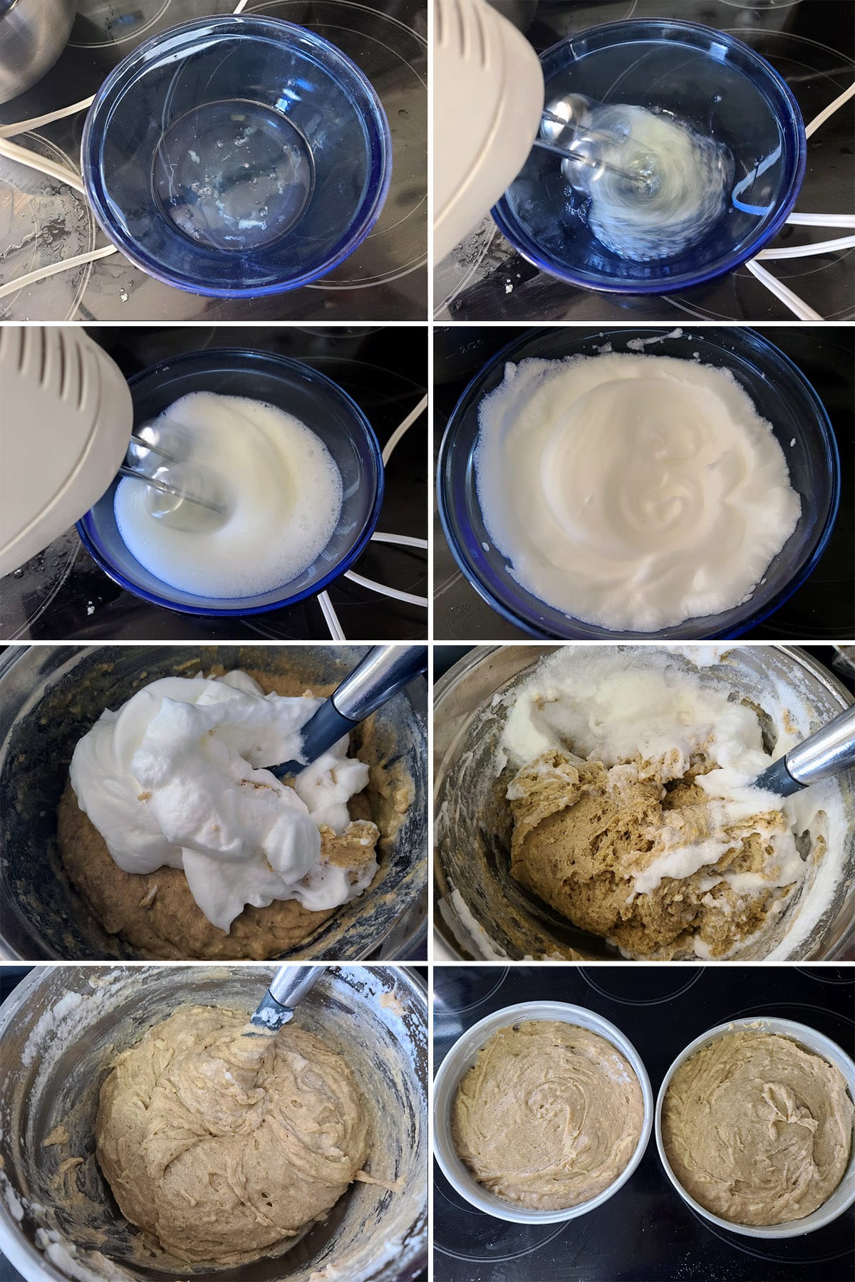 A 5 part image showing the egg whites being whipped and added to the apple cake batter.