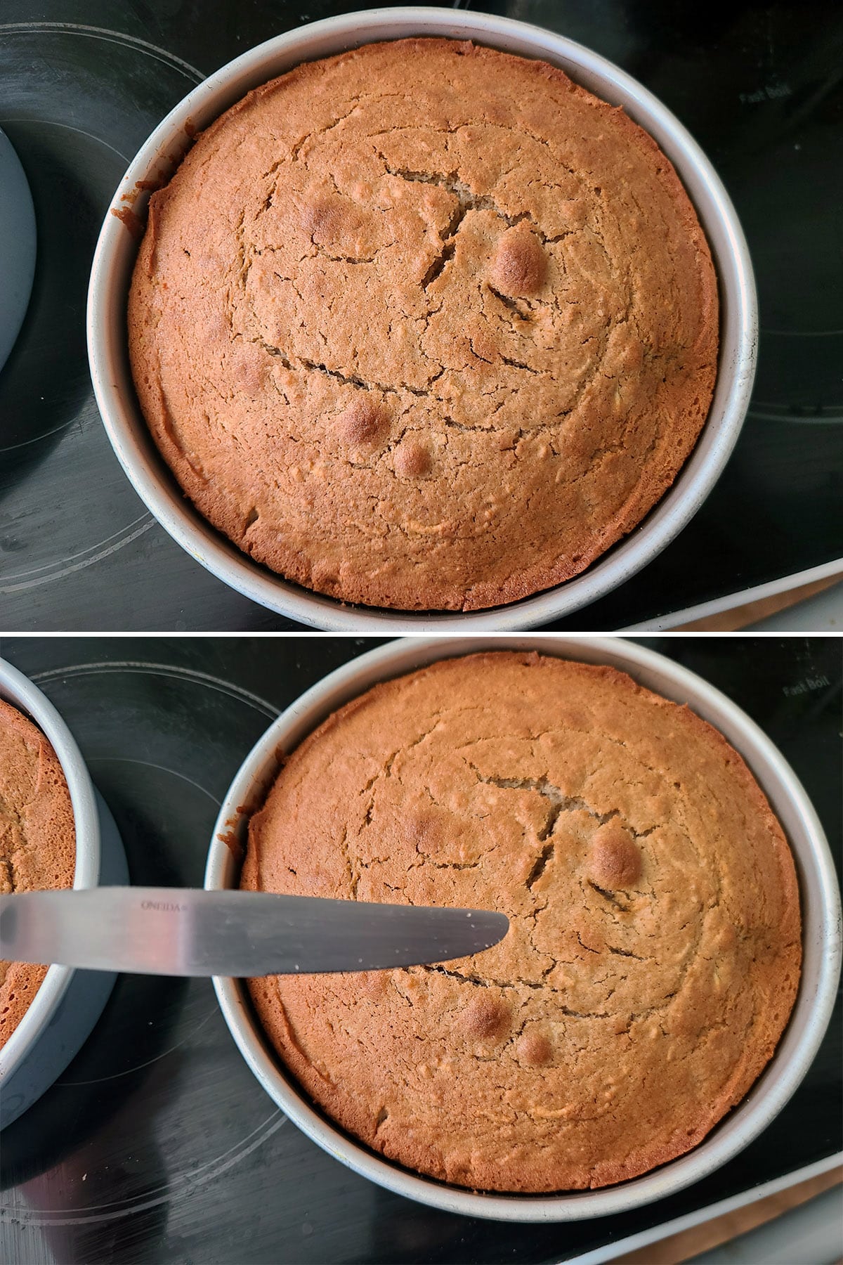 A 2 part image showing freshly baked cakes, with a clean bread knife held over them.