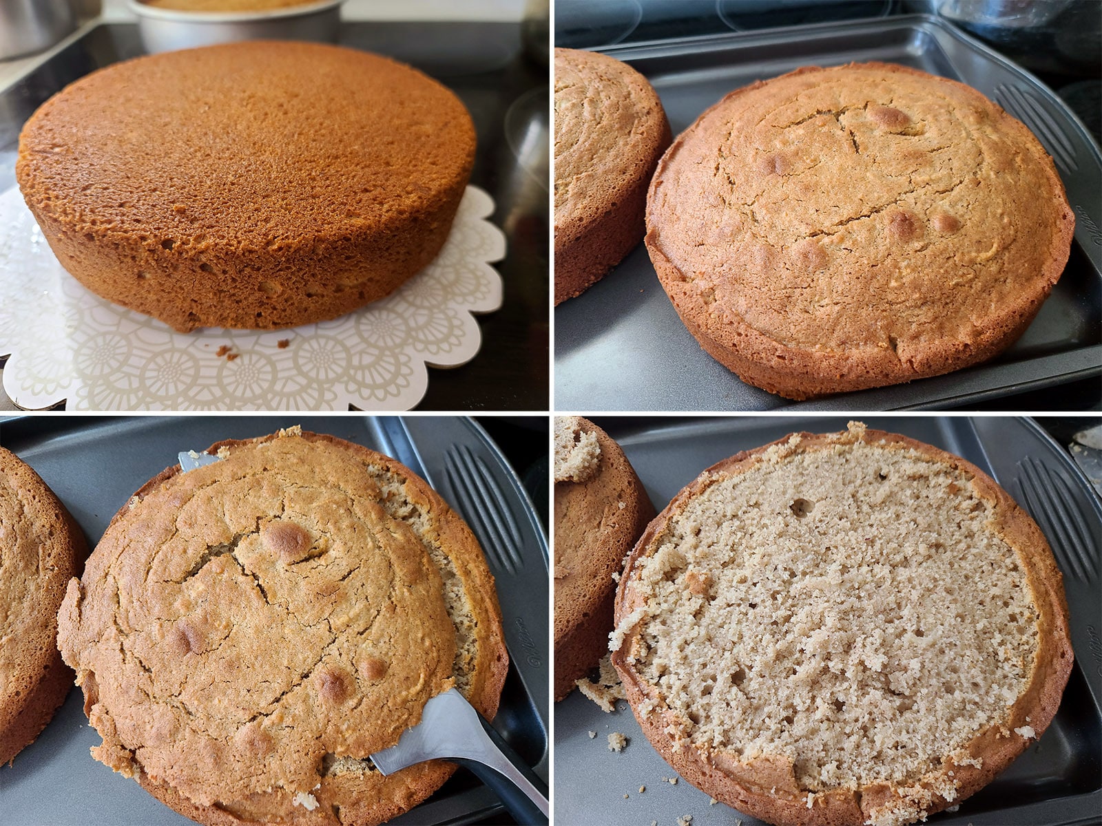 A 4 part image showing the rounded top being cut off the cakes.