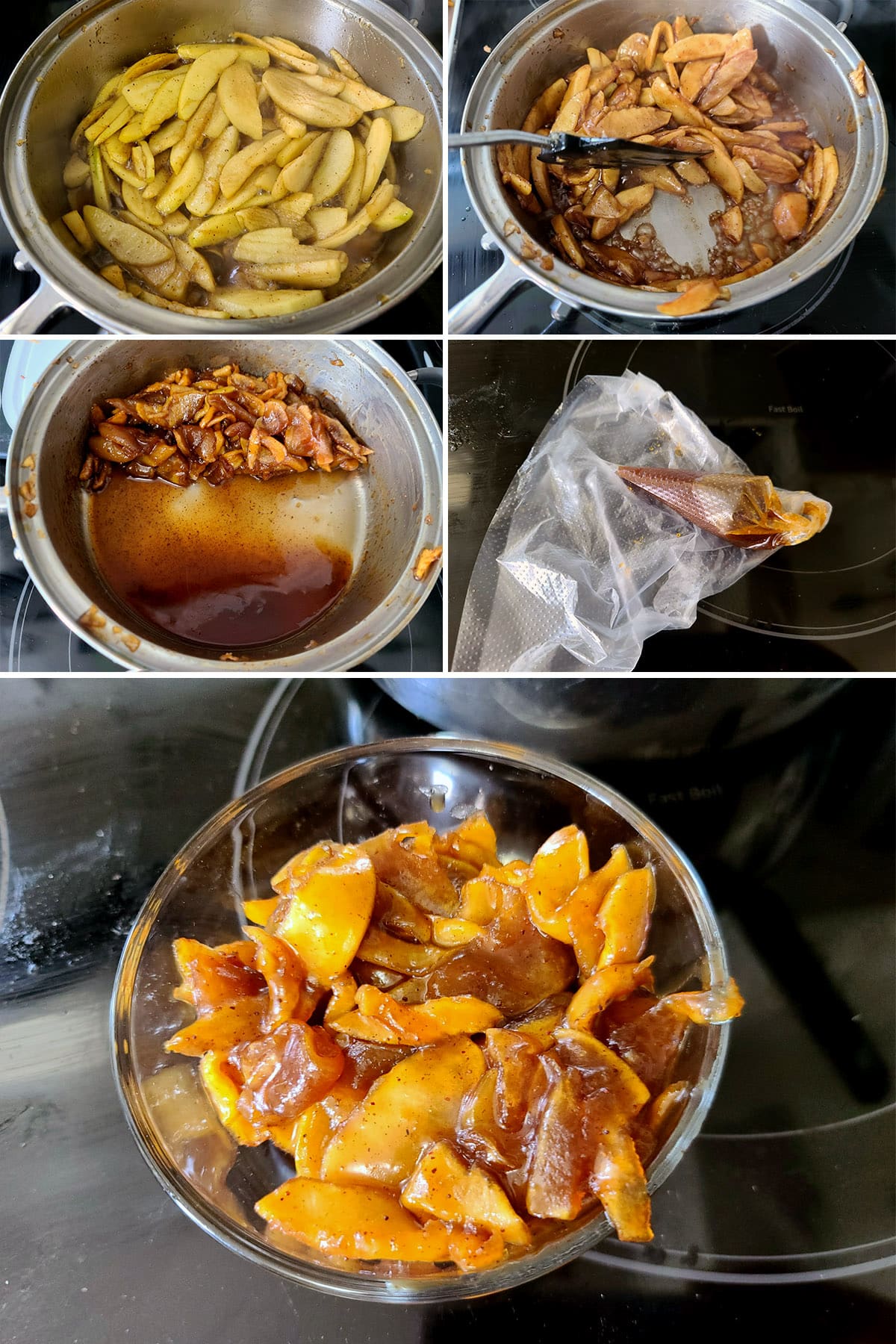 A 5 part image showing the apple filling being cooked down, with leftover syrup being put in a pastry bag.
