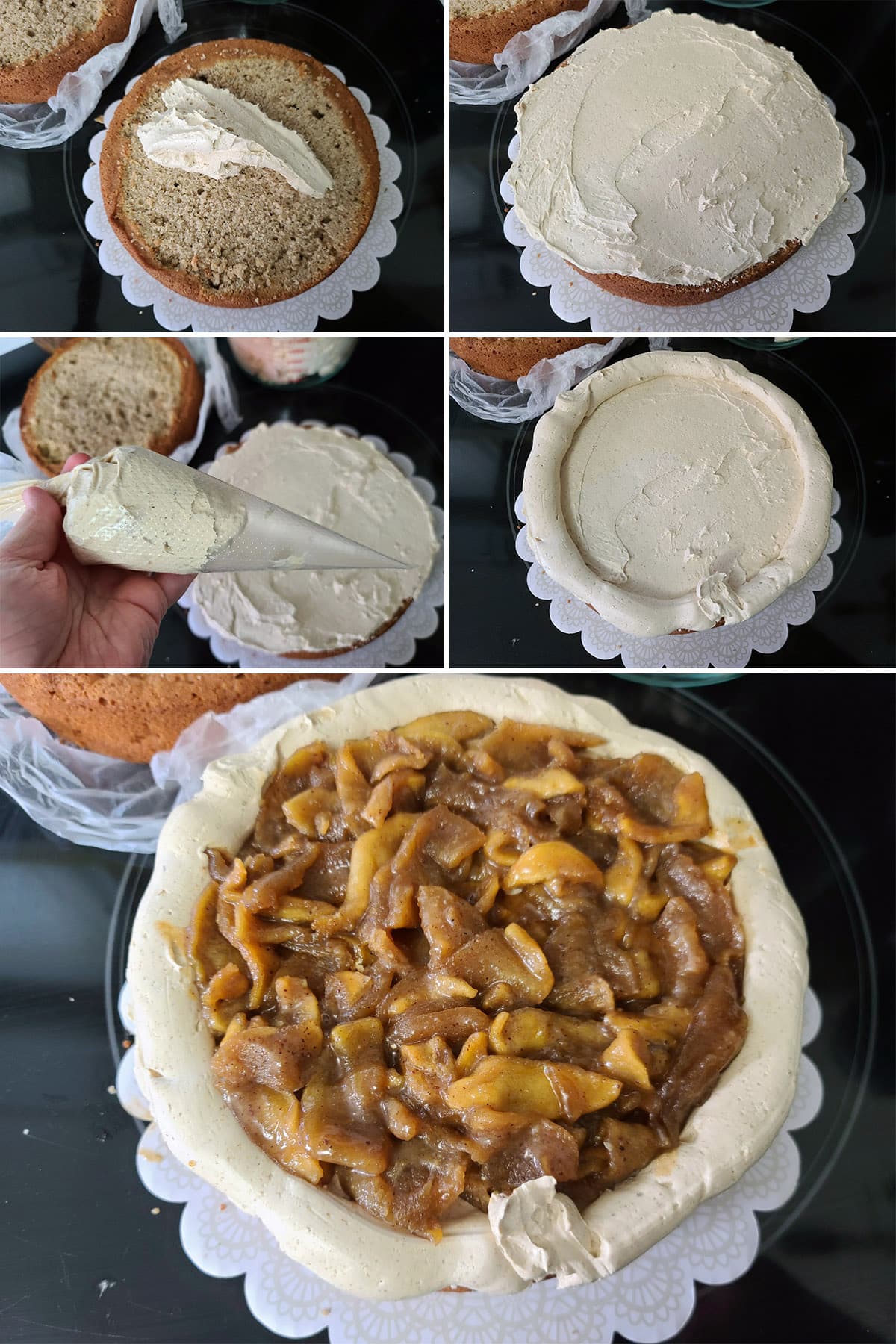 A 5 part image showing a cake round being spread with frosting, a ring piped around the outside, and the apple filling being spread within the ring of brown sugar frosting.