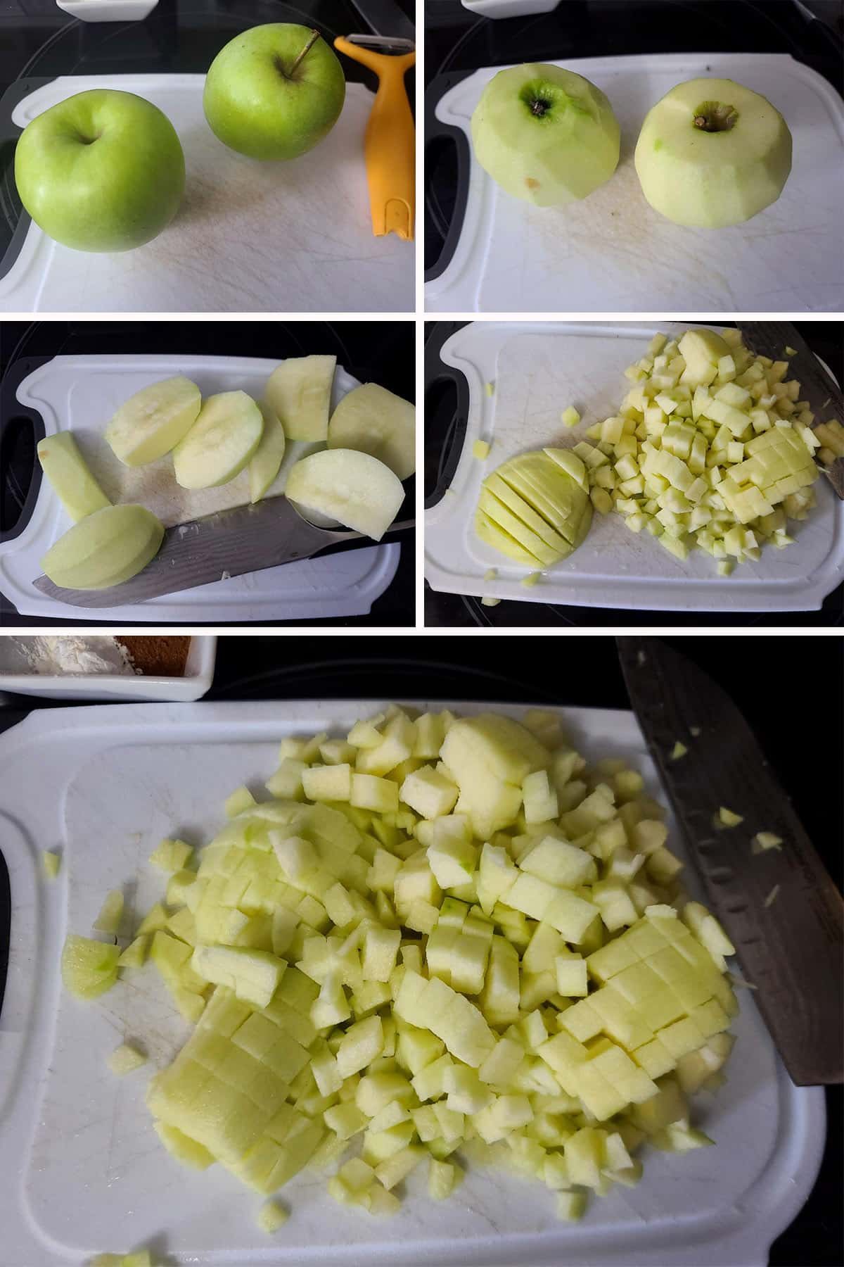 A 5 part image showing the apples being chopped into tiny pieces.