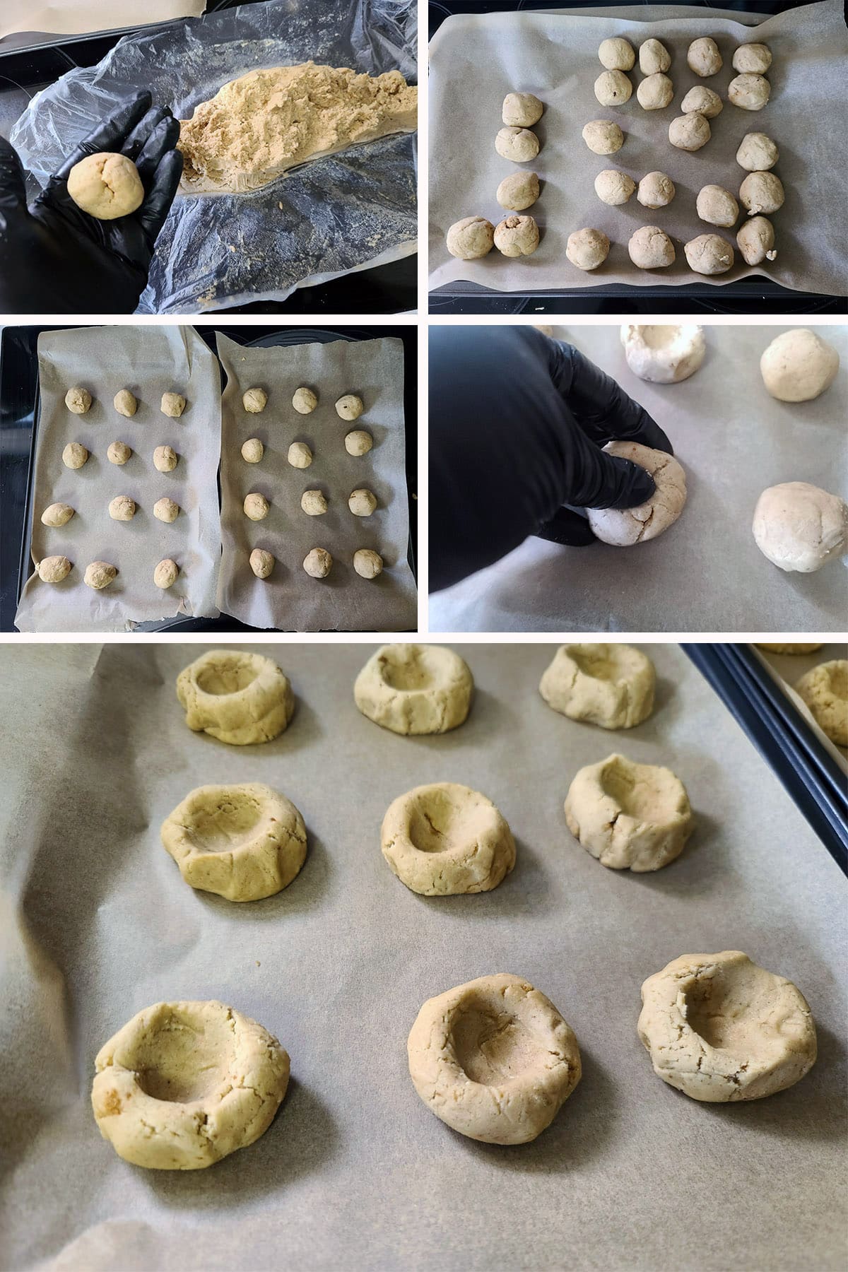 A 5 part image showing the gluten free cookie dough being rolled into balls and formed into thumbprint cookies.
