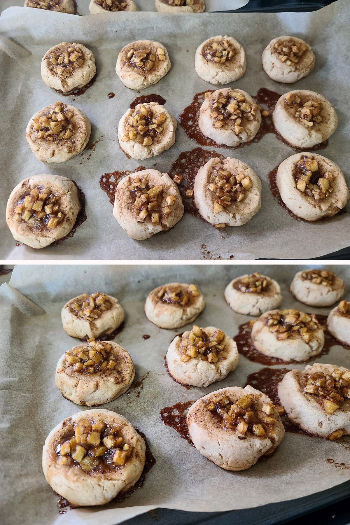 A 2 part image showing pans of baked cookies.