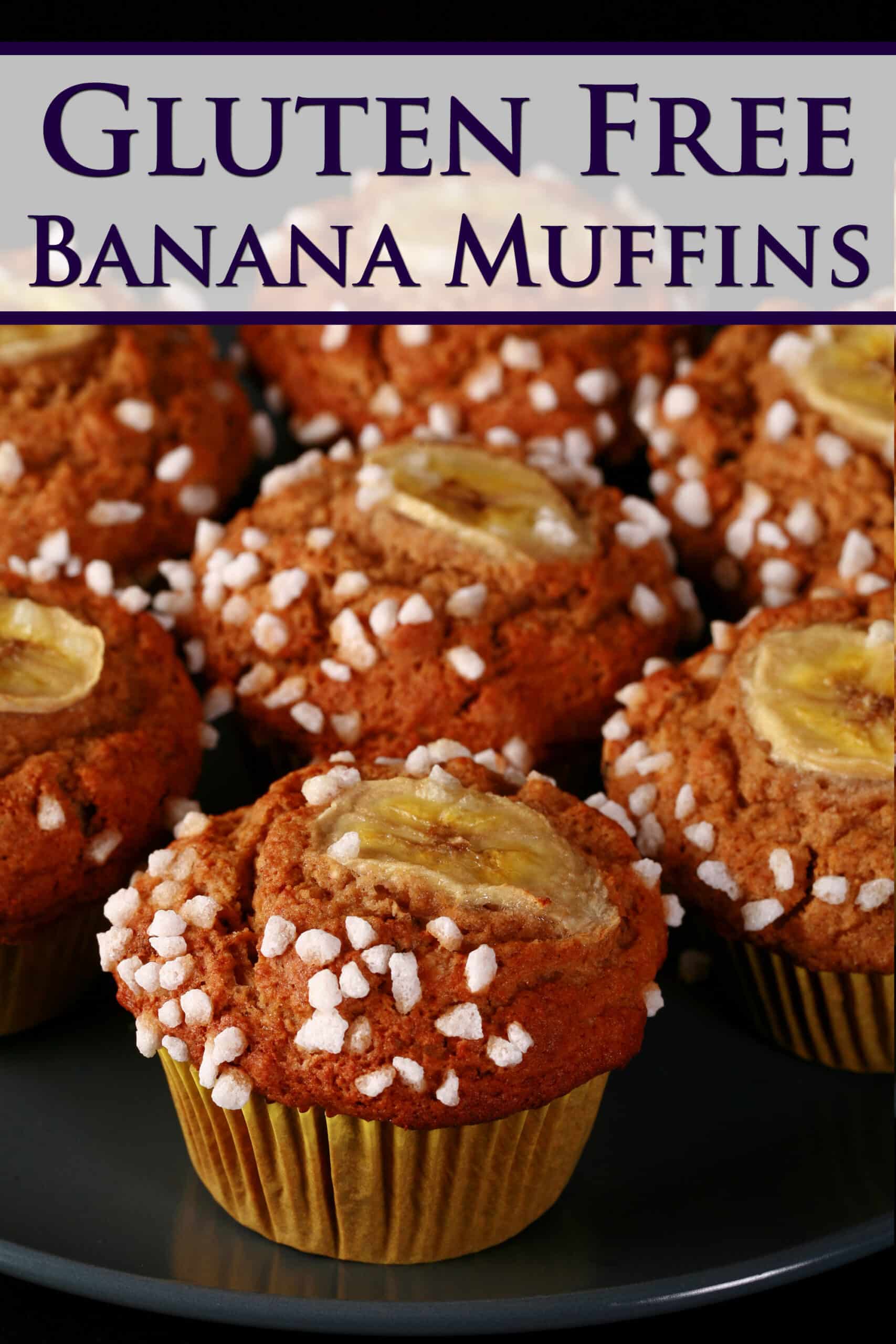A plate of gluten free banana muffins, topped with coarse sugar and banana slices.