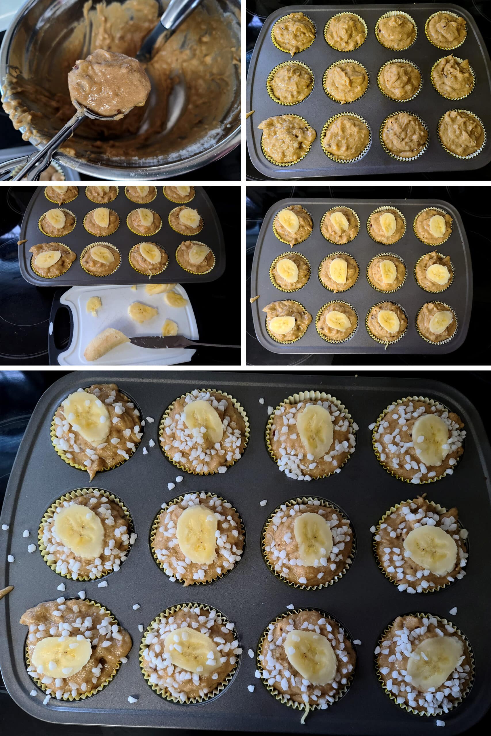 A 5 part image showing an ice cream scoop transferring the muffin batter to the lined pan, and each unbaked muffin being topped with a banana slice and coarse sugar.