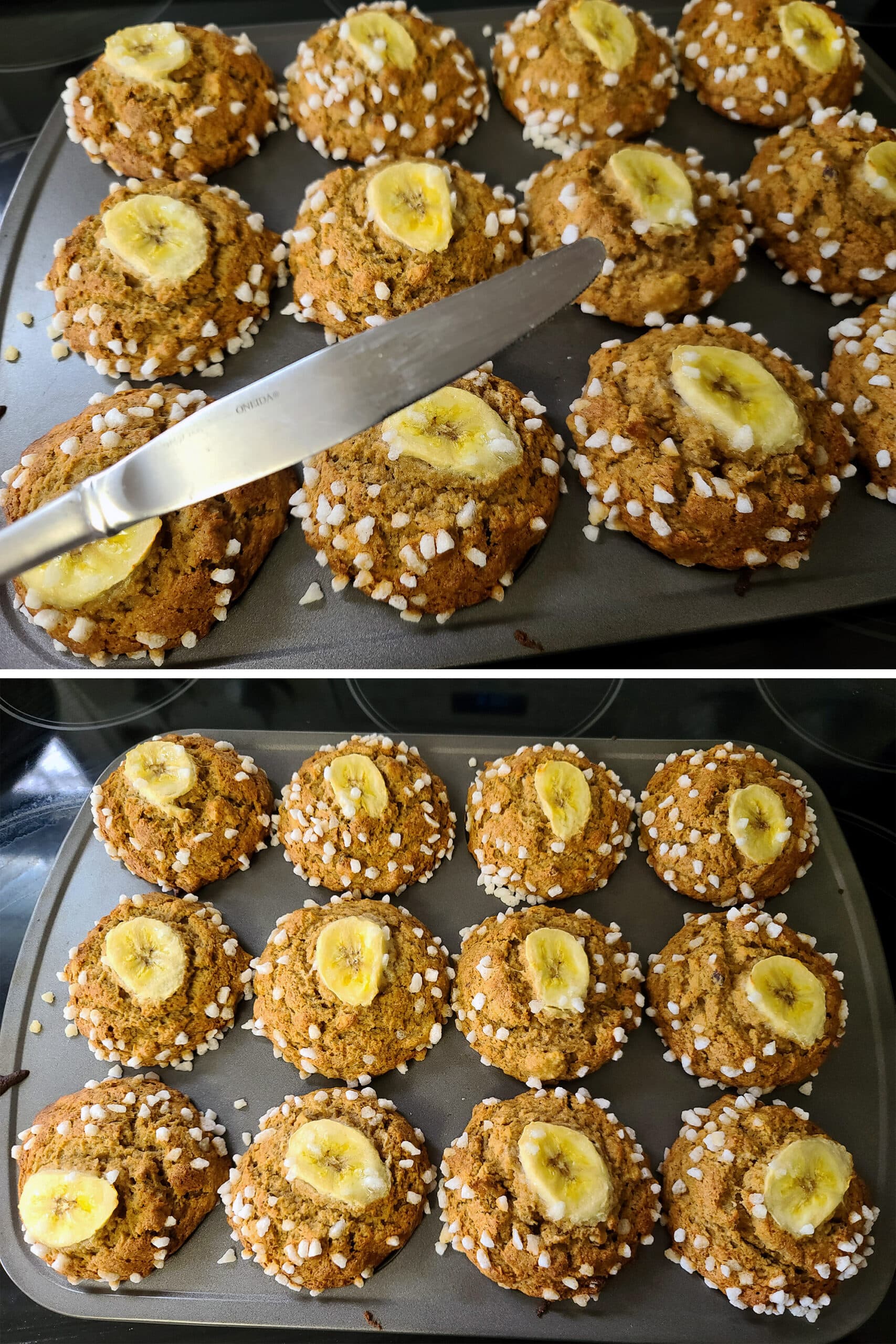 A 2 part image showing a clean butter knife being held above a pan of baked gluten free banana muffins, then the pan by itself.
