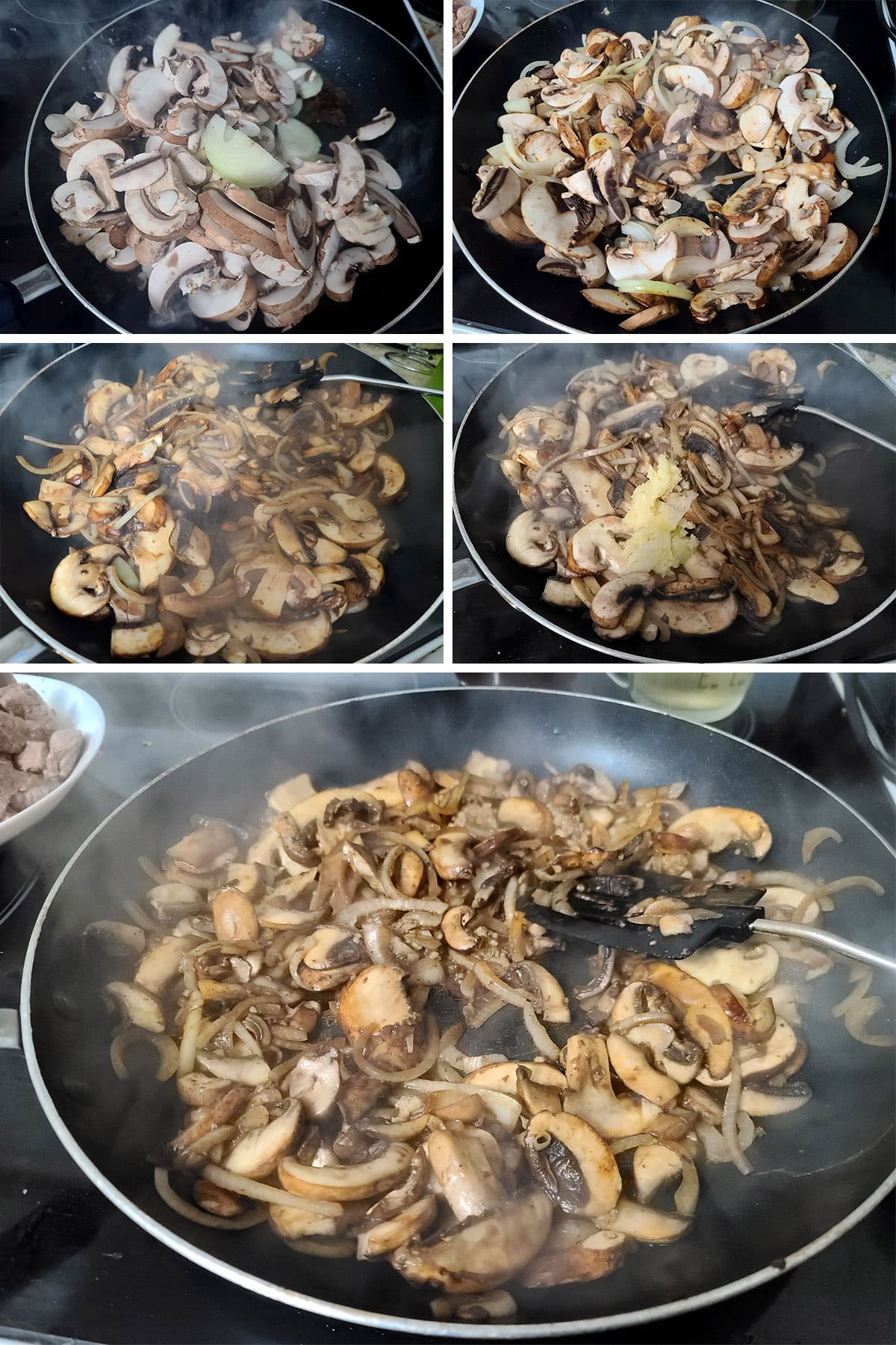 A 5 part image showing the mushrooms and onions cooking down.