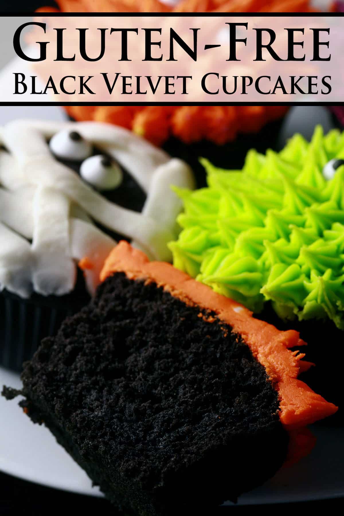 Several brightly coloured gluten free halloween cupcakes, made with gluten free black velvet cupcakes.