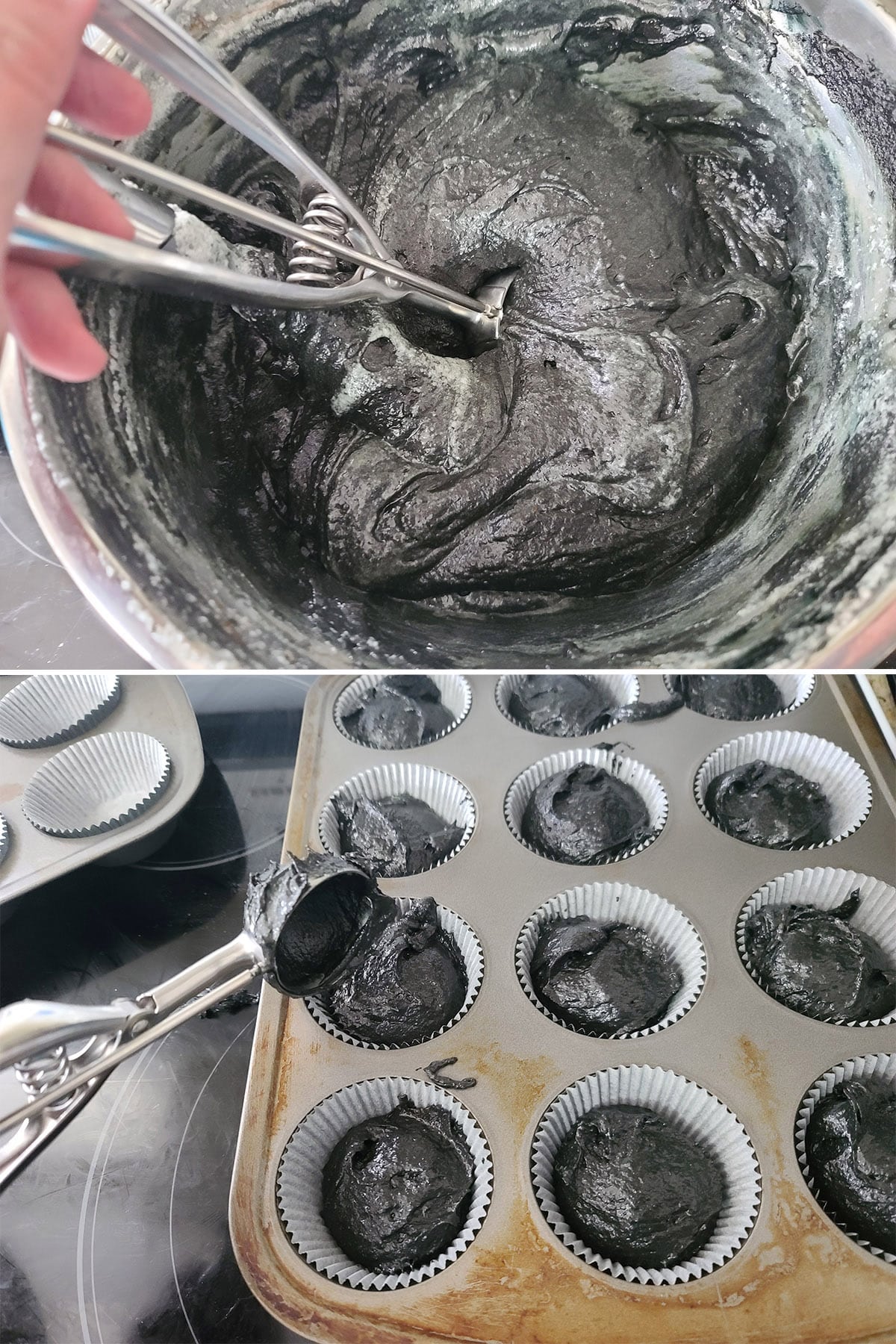 The gluten free black velvet cupcake batter being scooped into lined muffin tins.