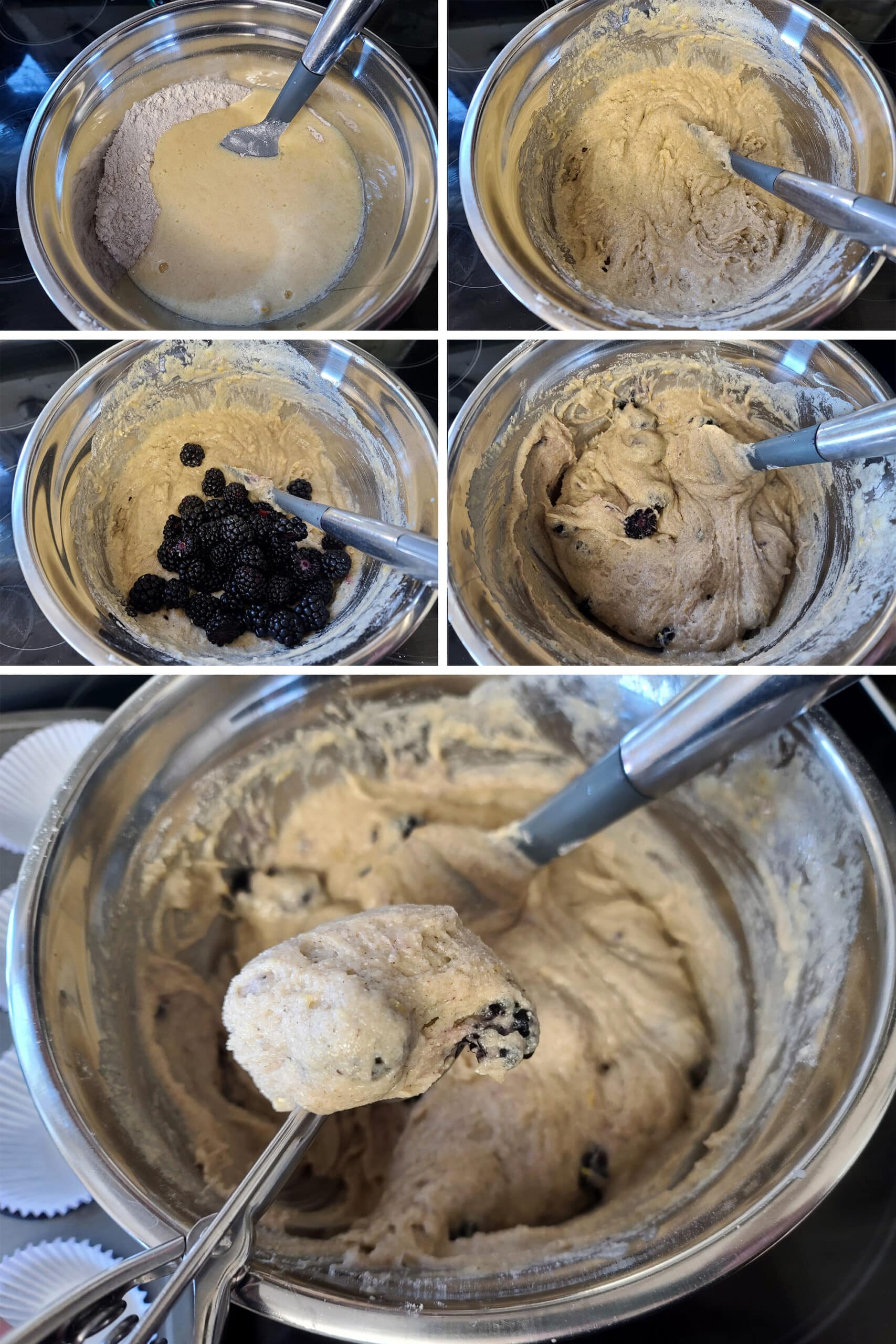 A 5 part image showing the dry and wet ingredients being mixed with the blackberries, and an ice cream scoop holding up some of the gluten free blackberry muffin batter.