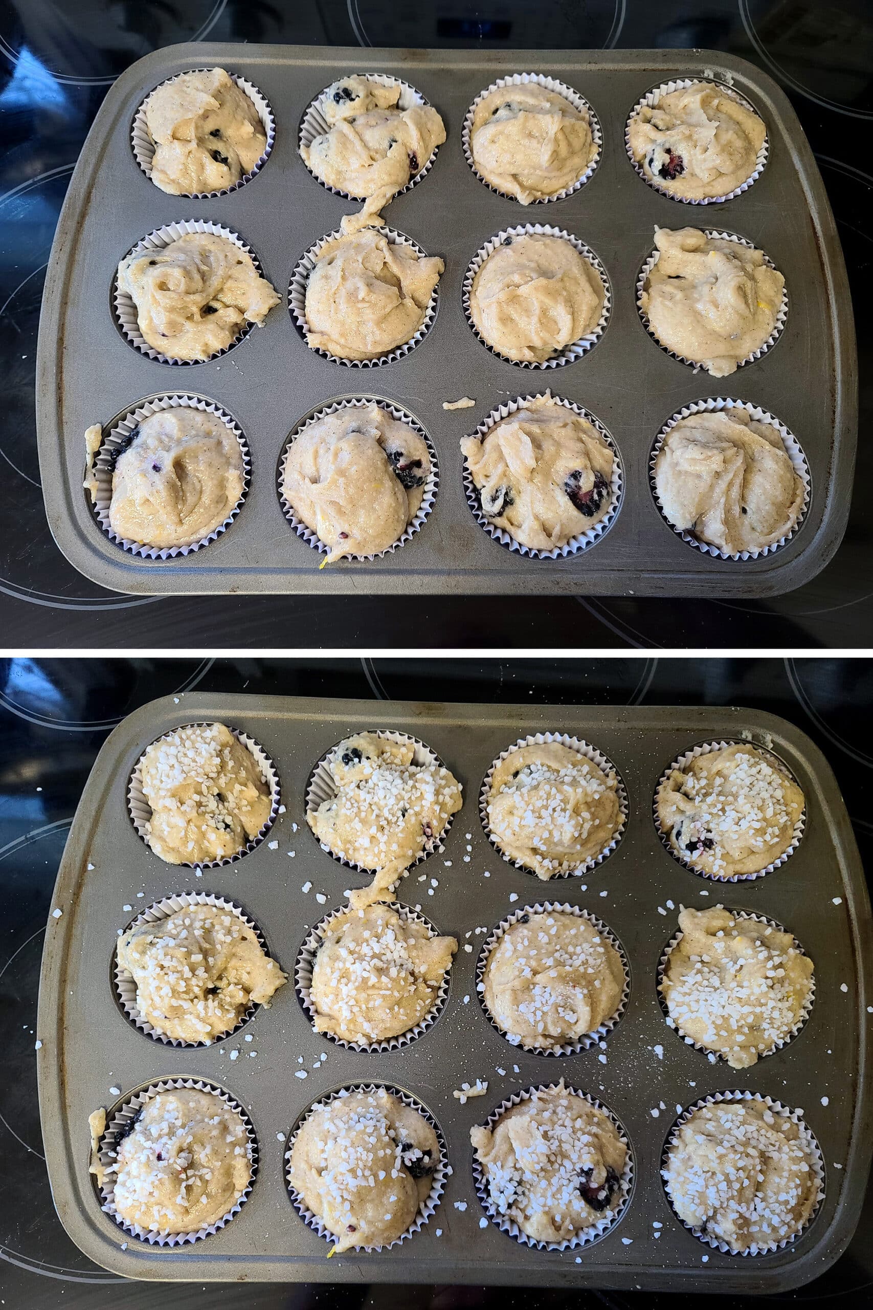 A 2 part image showing the pan of unbaked muffins, before and after being sprinkled with coarse sugar.