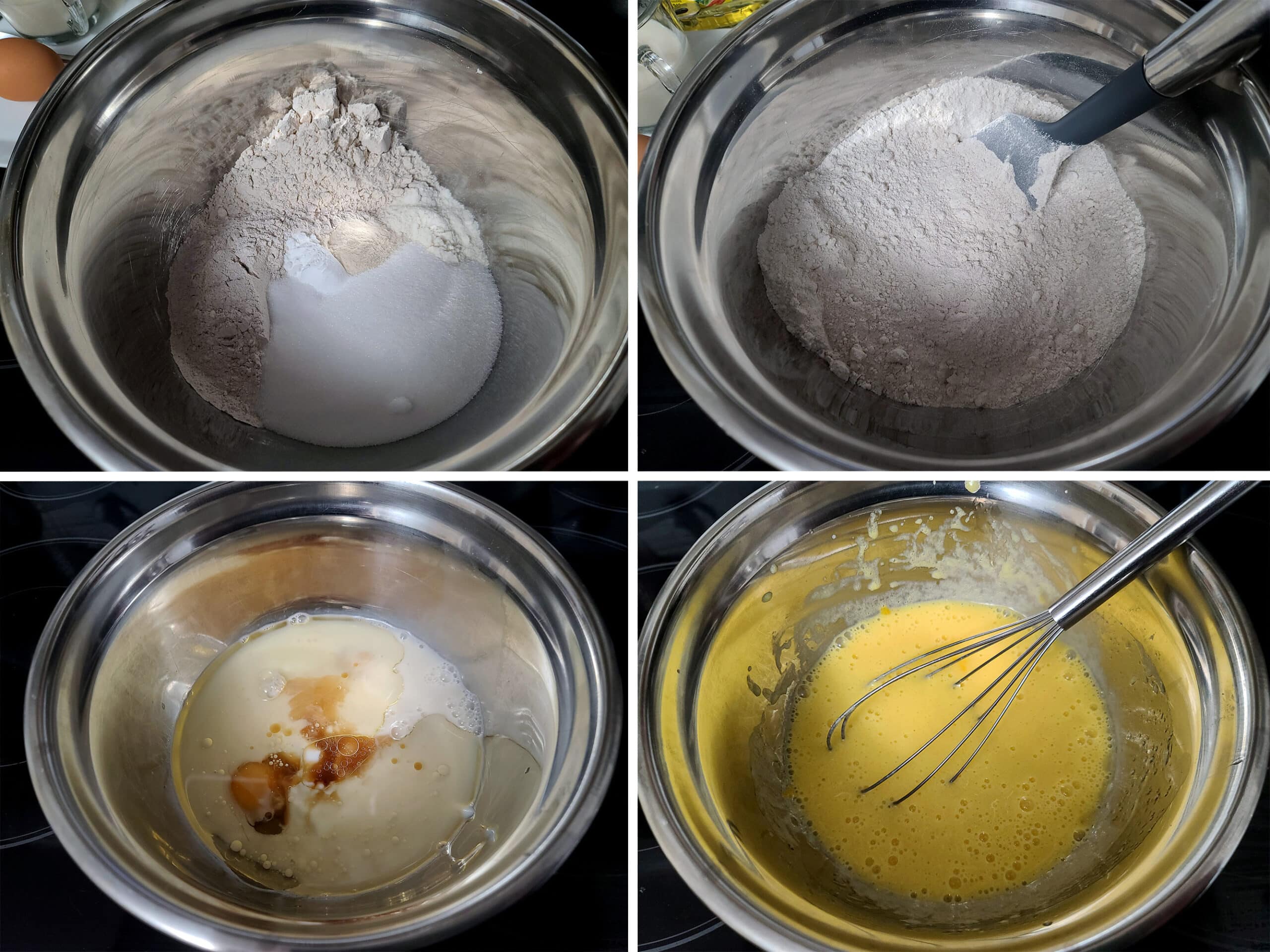 A 4 part image showing the dry ingredients and wet ingredients being mixed in separate bowls.