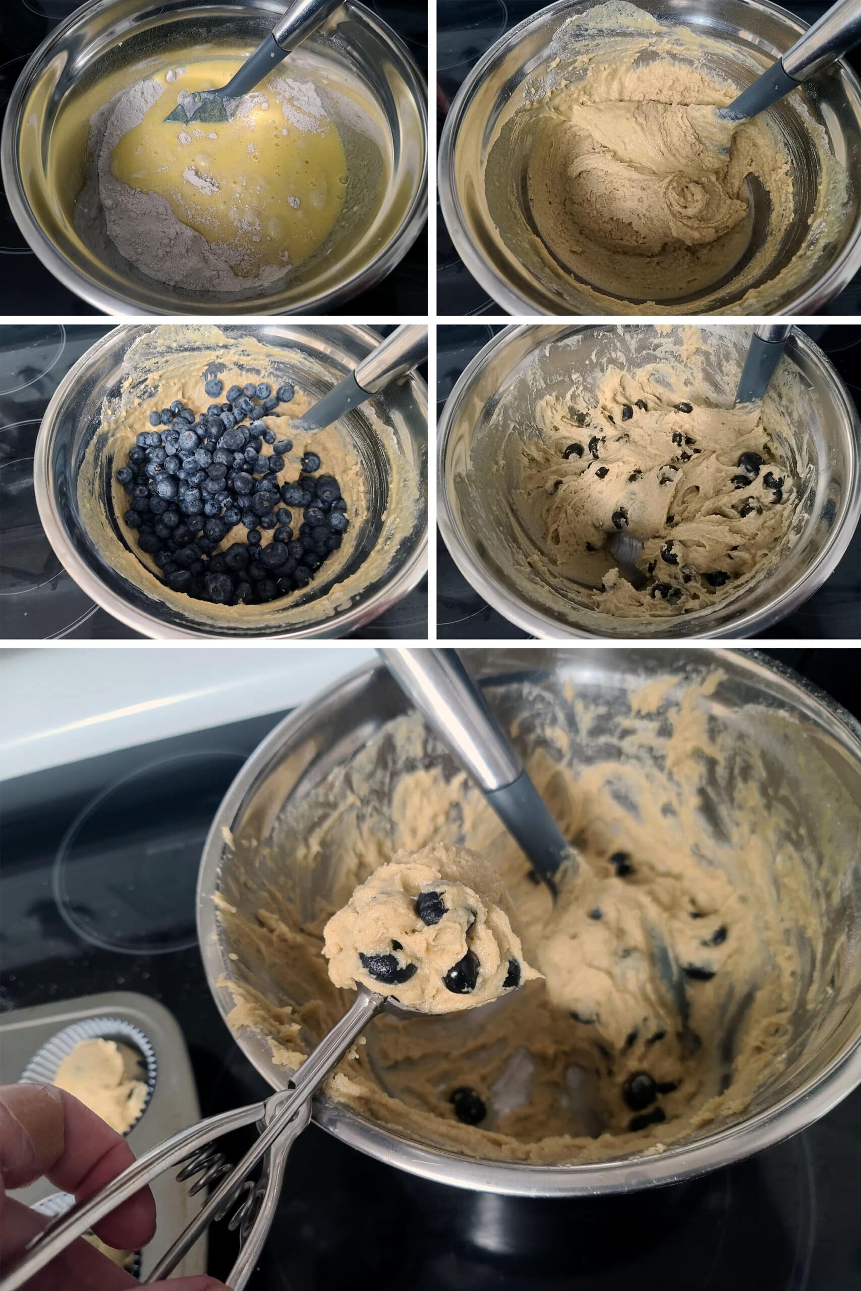 A 5 part image showing the batter being mixed, the blueberries folded in, and an ice cream scoop being used to spoon up some batter.