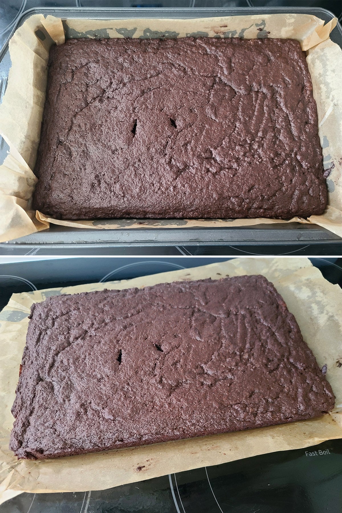A 2 part image showing the slab of baked brownie in the pan, then laying on a work surface.