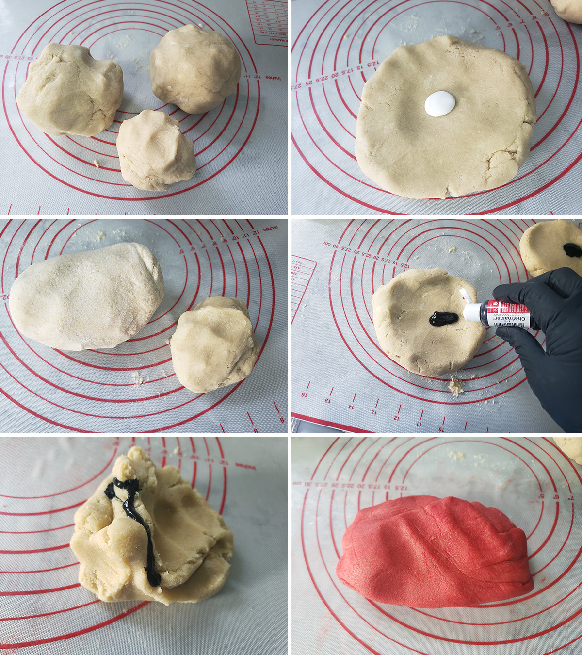 A 6 image collage illustrating the steps of dying the dough, as described in the instructions.