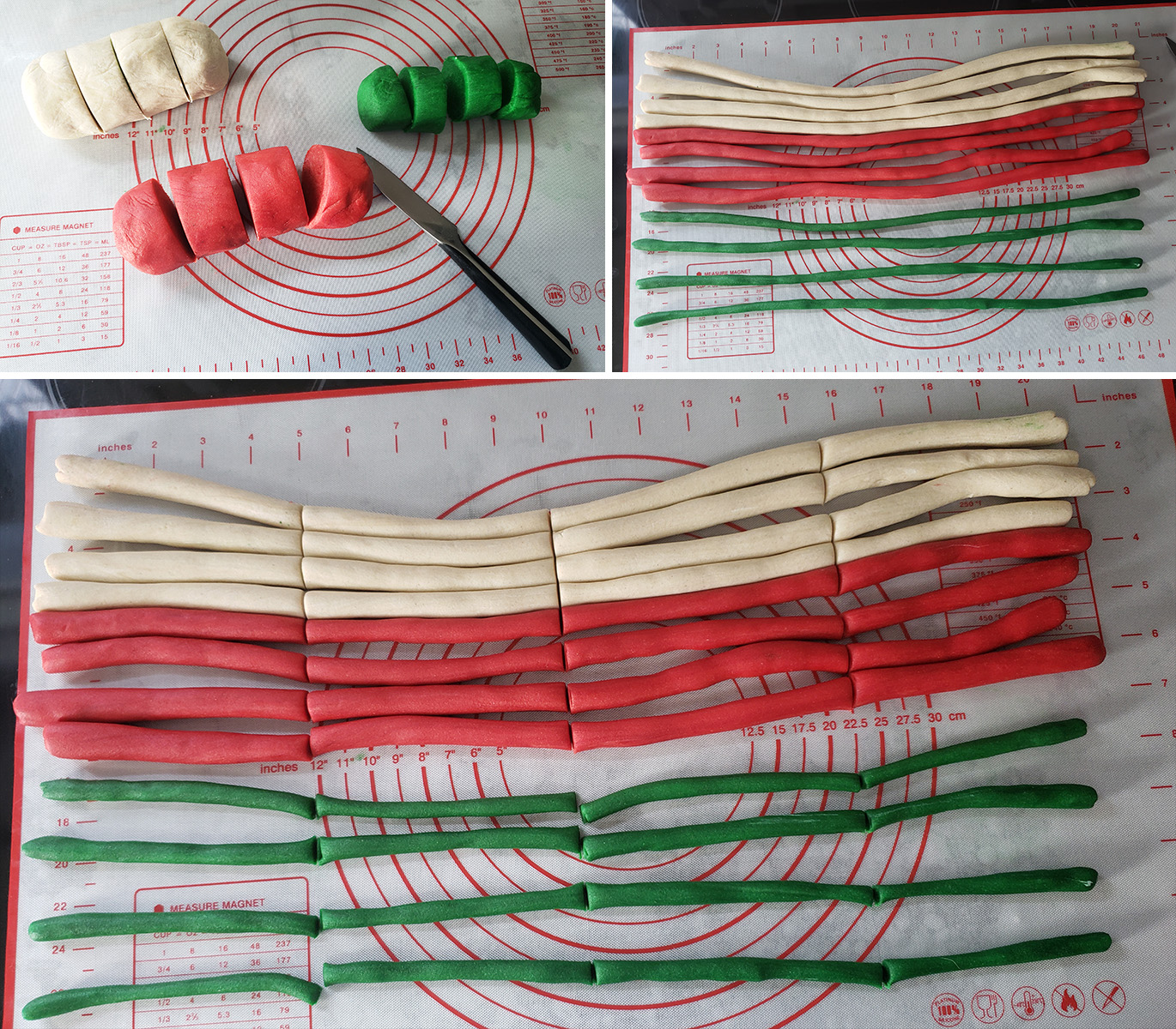 A 3 image collage showing the steps of dividing the dough out.