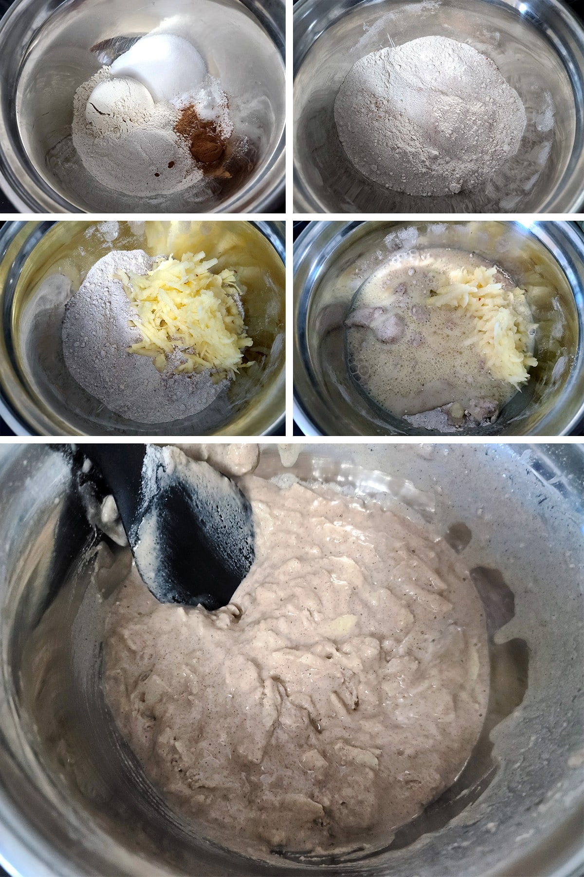 A 5 part image showing the gluten free apple pancake batter being made.