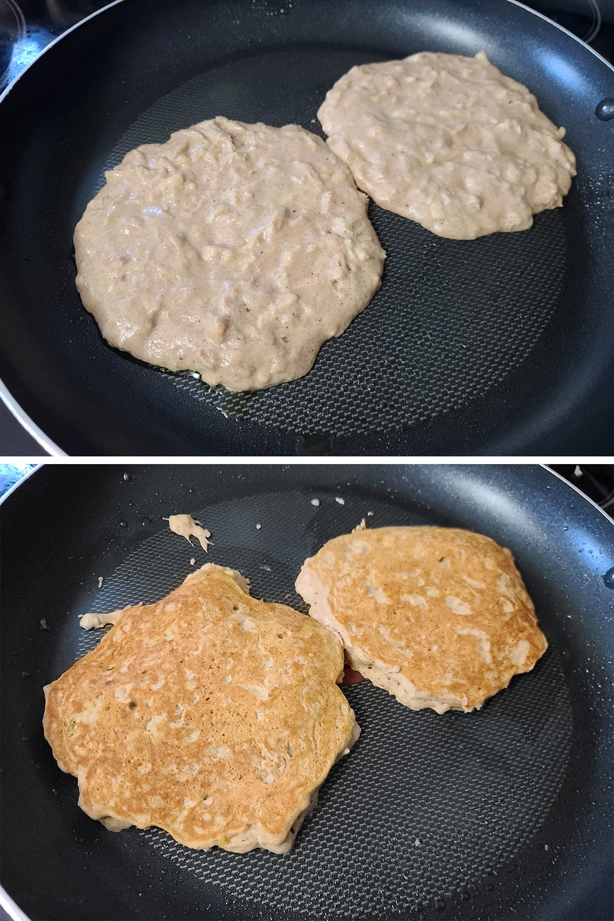 A 2 part image showing gluten-free apple pancakes cooking in a pan.