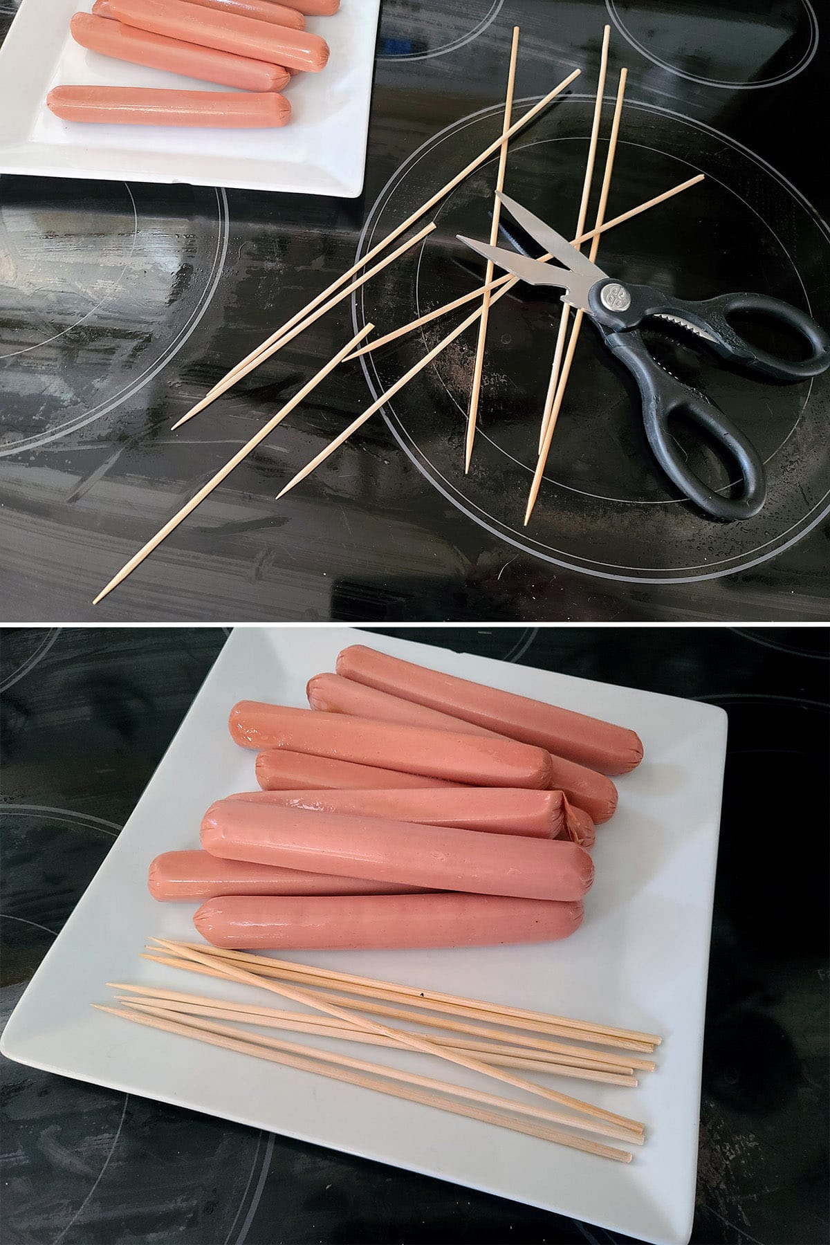 A 2 part image showing bamboo skewers being trimmed to a shorter length.