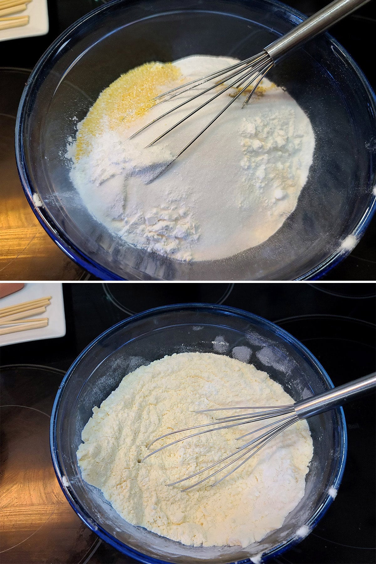 A 2 part image showing the dry ingredients being mixed together.