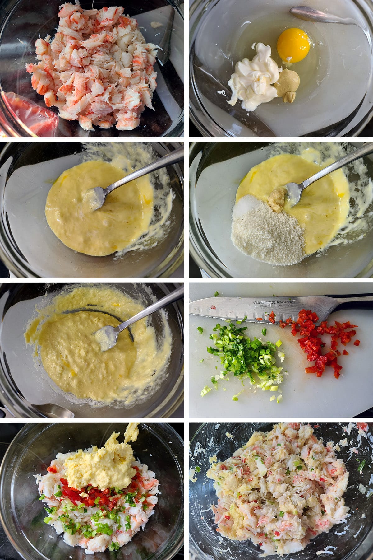 An 8 part image showing the crab cake batter being mixed together in steps.