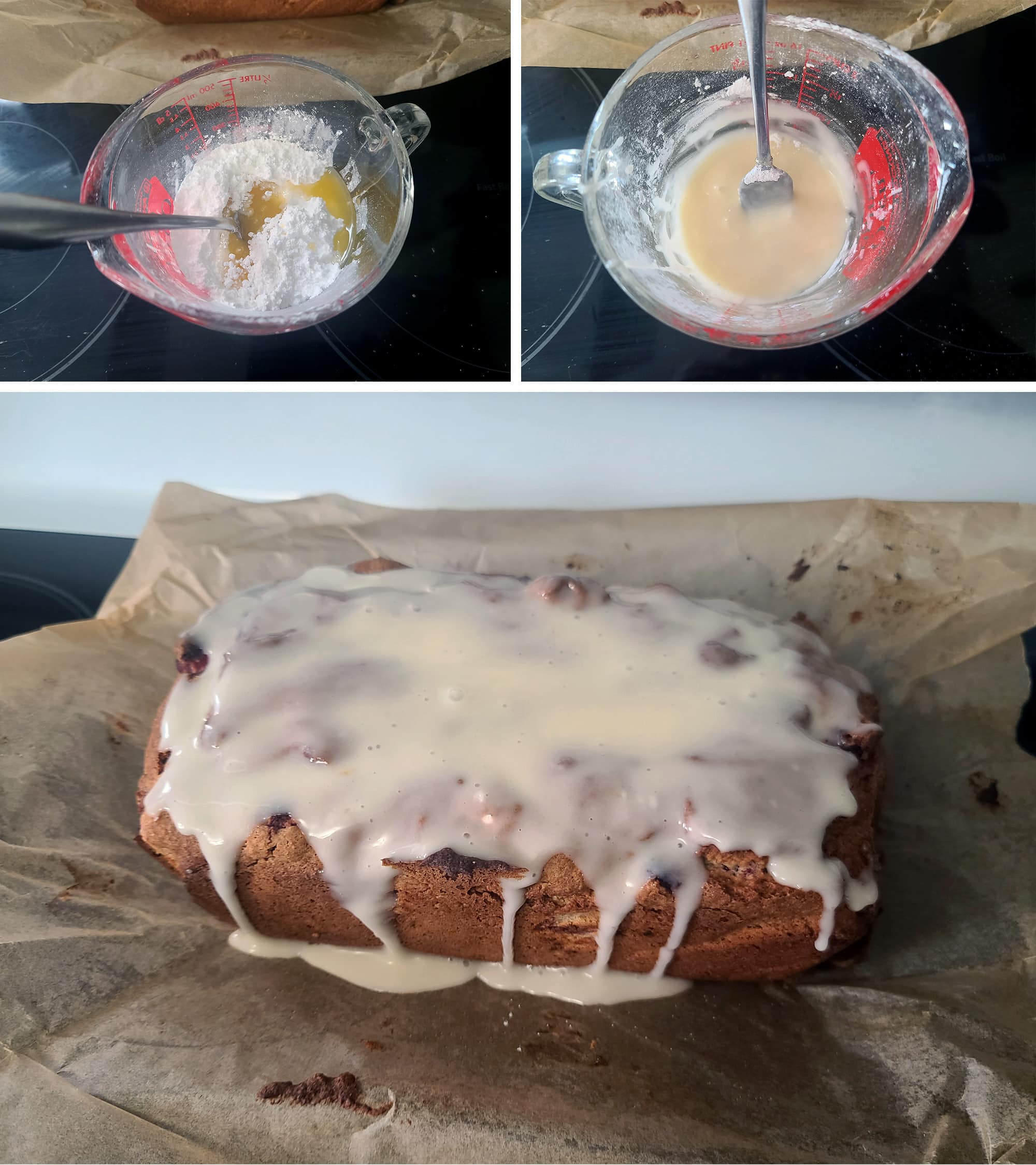 A 3 part image showing the glaze being mixed, and the glaze poured over the bread.